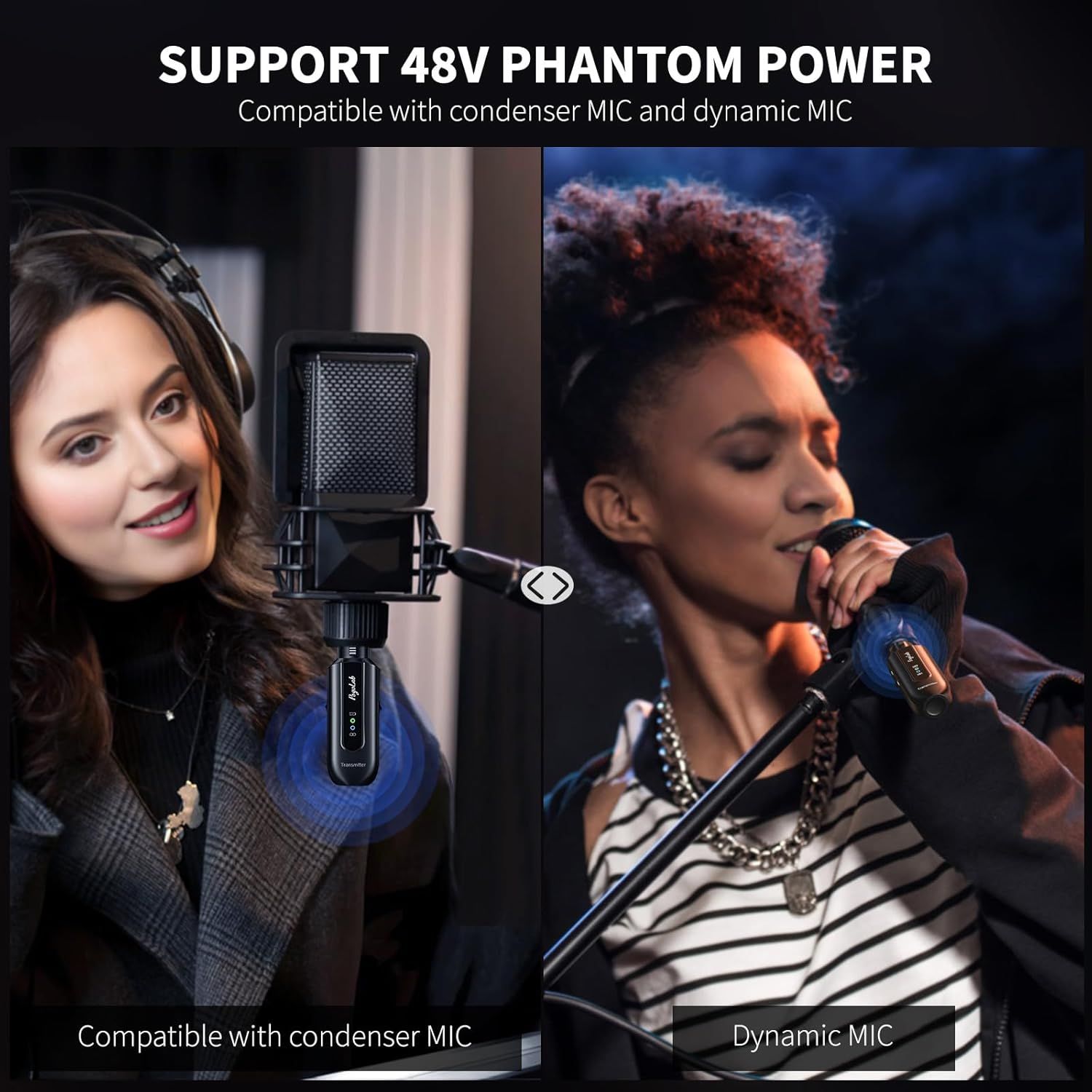 Demonstrates that the product supports 48V phantom power and is compatible with both condenser and dynamic microphones, helping shoppers understand the versatility and technical compatibility of the…