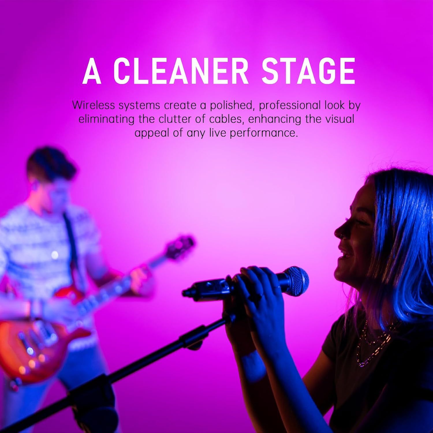 Communicates that the wireless system eliminates cable clutter on stage, creating a polished and professional visual appearance for live performances.