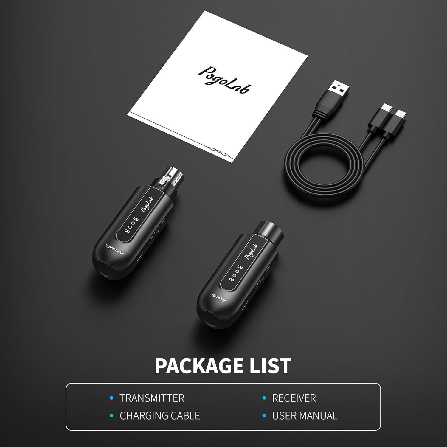 Shows the customer everything included in the box: transmitter, receiver, charging cable, and user manual to set clear expectations about what they will receive.
