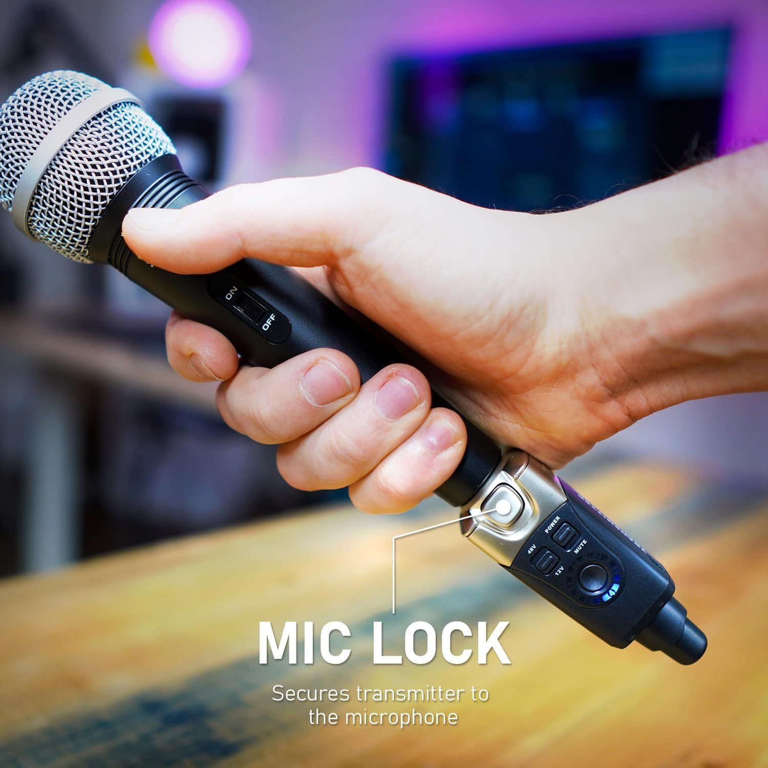 Highlights the mic lock feature that secures the transmitter to the microphone, reassuring users of a stable connection during use.