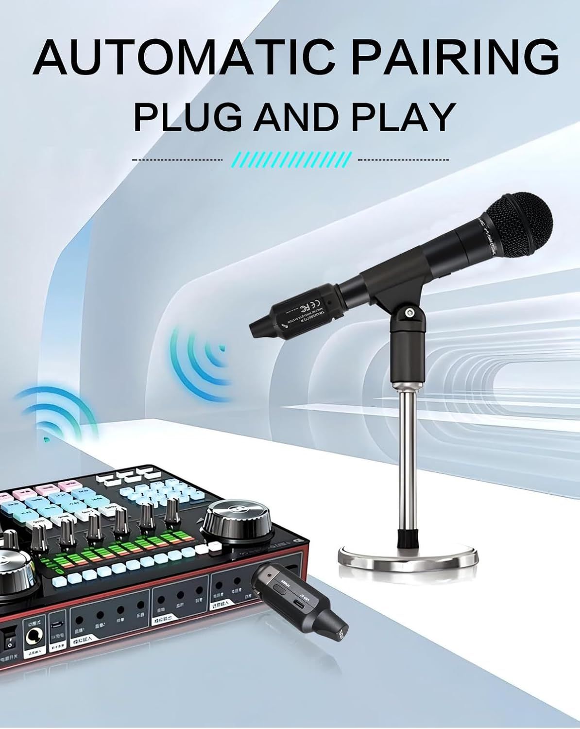 Communicates that the wireless microphone system connects automatically without manual setup, making it easy and convenient for users to start using immediately.