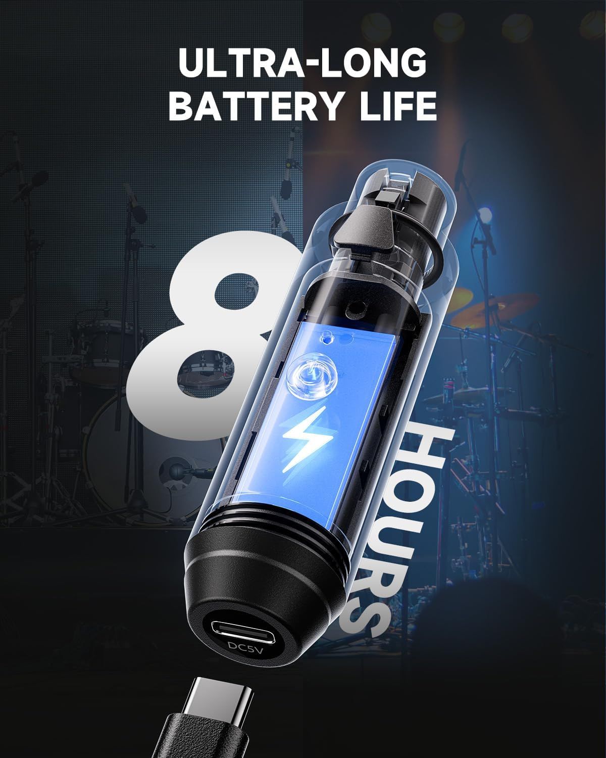 Communicates that the product offers exceptional battery life of 8 hours, reassuring shoppers they can use it for extended periods without recharging.