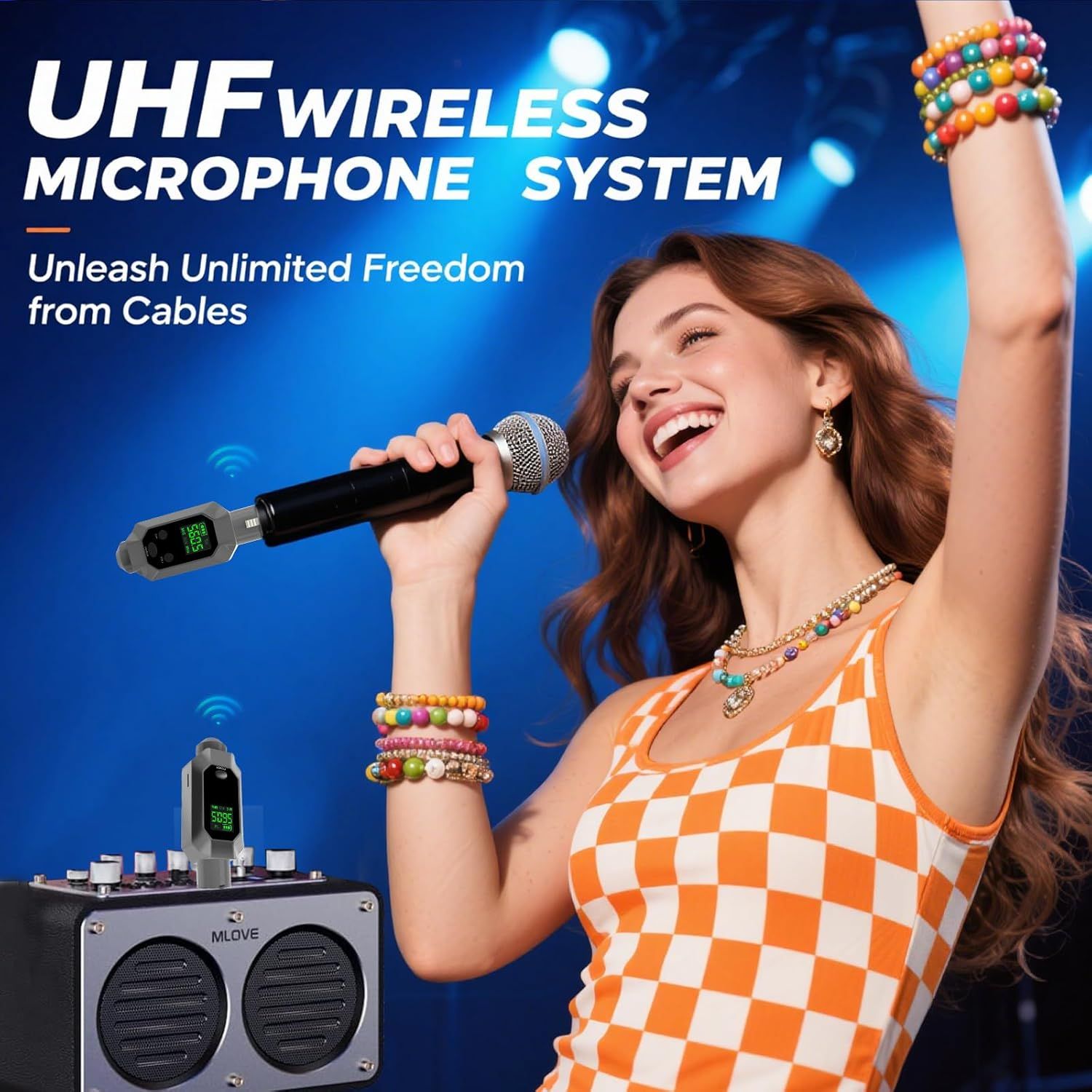 Communicates the wireless capability of the UHF microphone system, emphasizing freedom of movement without cables for karaoke or performance use.