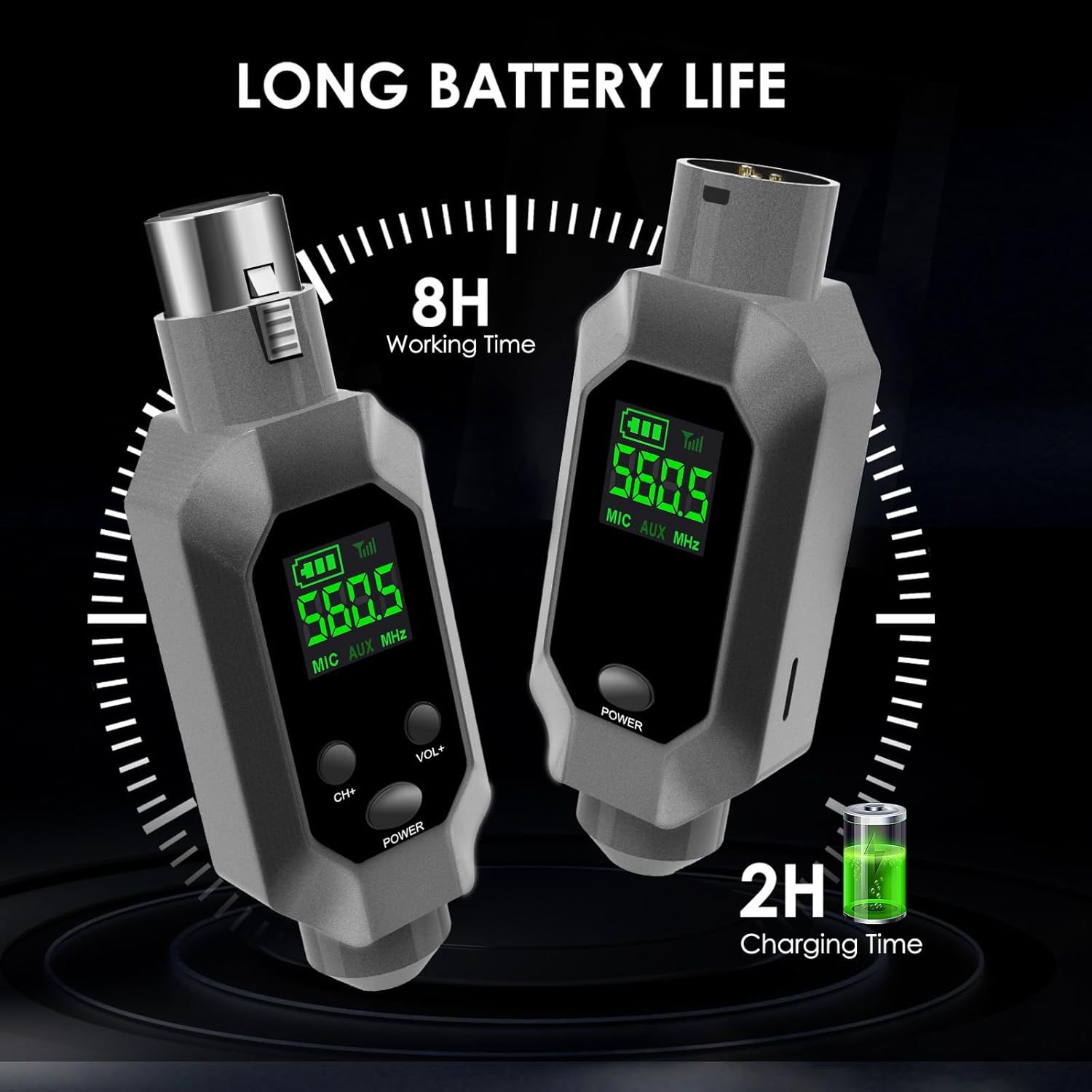 Communicates quantifiable battery performance metrics to reassure shoppers about the product's extended usage time and quick recharge capability.