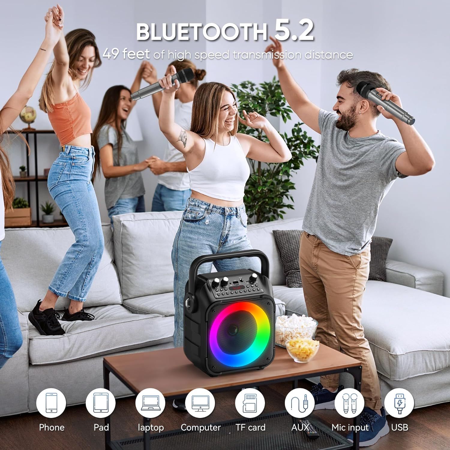 Communicates the advanced Bluetooth 5.2 connectivity with extended range, reassuring shoppers they can move freely while maintaining a strong wireless connection. Shows the speaker is compatible…