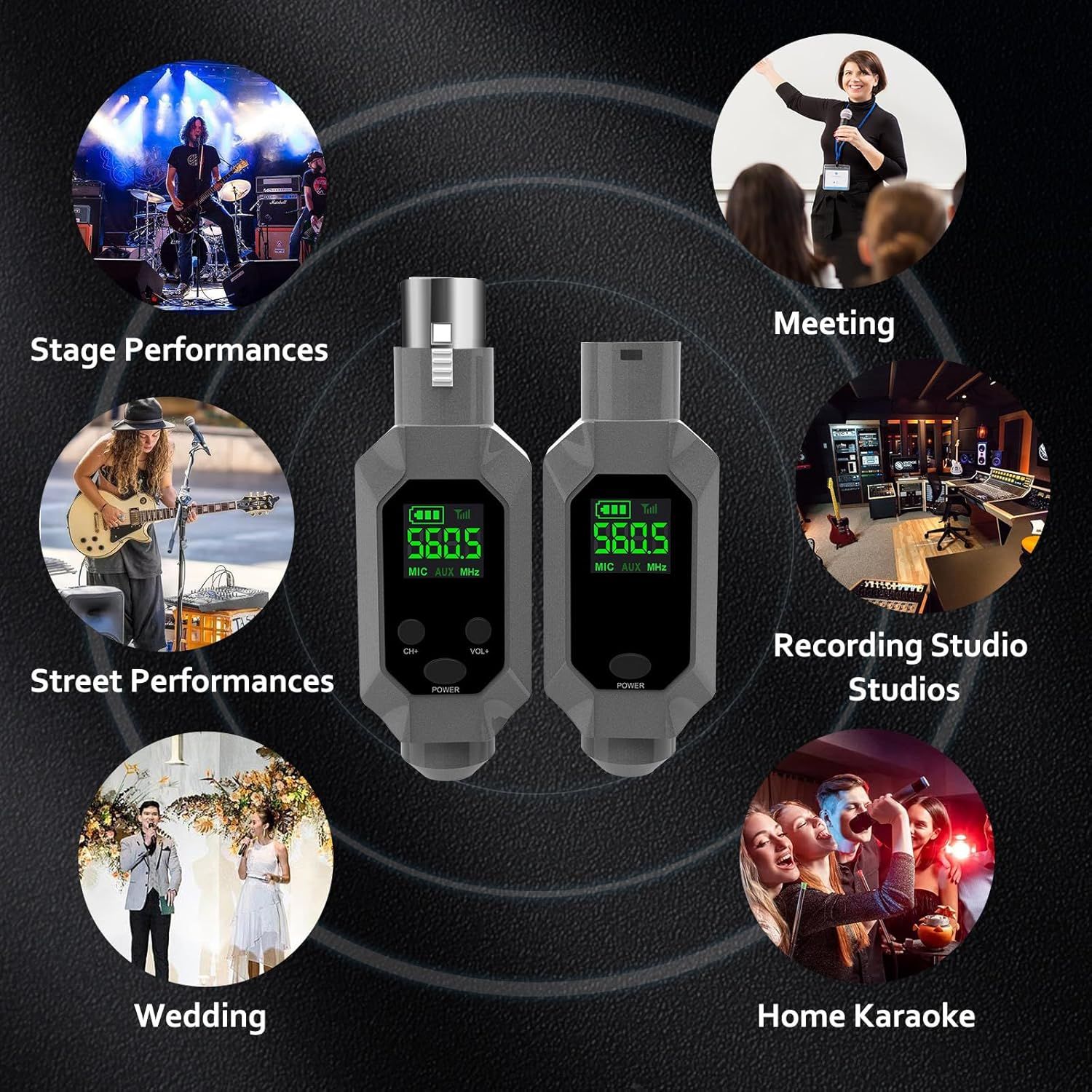 Demonstrates the versatility of the wireless microphone system by showing six different environments and scenarios where it can be effectively used, helping shoppers understand its broad…