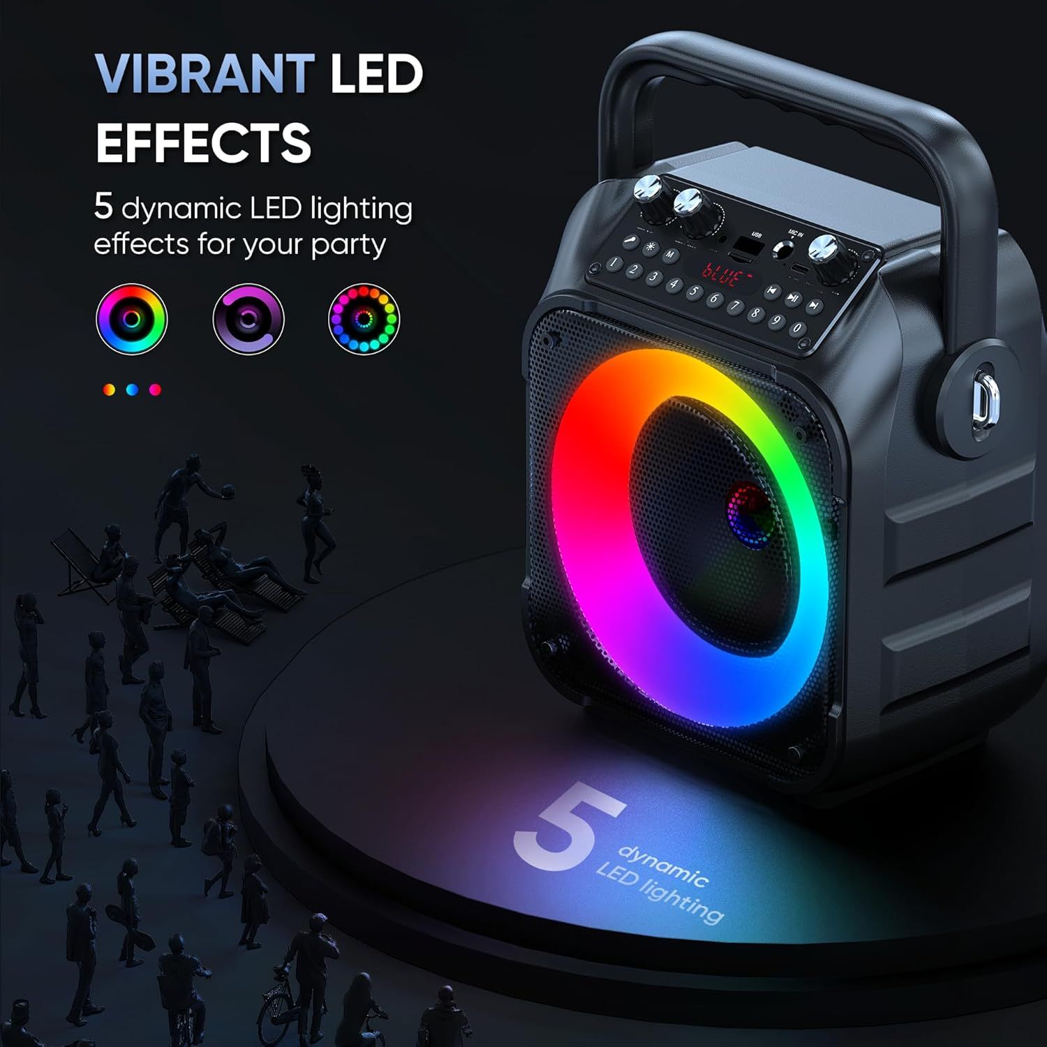 Highlights the speaker's dynamic LED lighting feature with 5 different lighting effects to create an exciting party atmosphere.