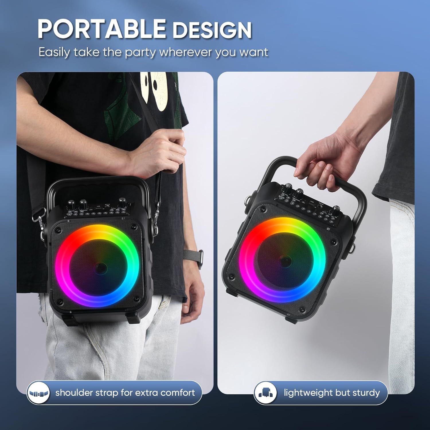 Communicates the portability and convenience of the speaker by showing it can be carried with a shoulder strap or handle, emphasizing its lightweight yet sturdy construction for easy transport.