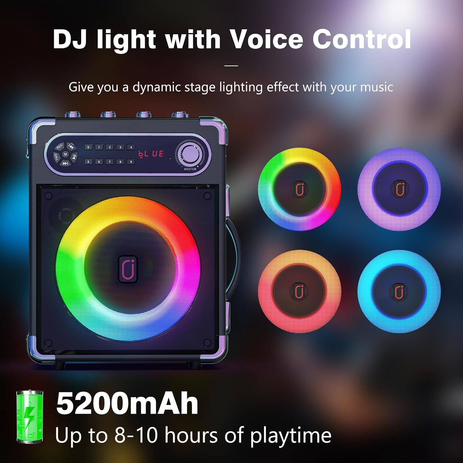 Showcases multiple key features of the DJ speaker including voice control capability, dynamic RGB lighting effects, and long battery life to demonstrate versatility and performance.