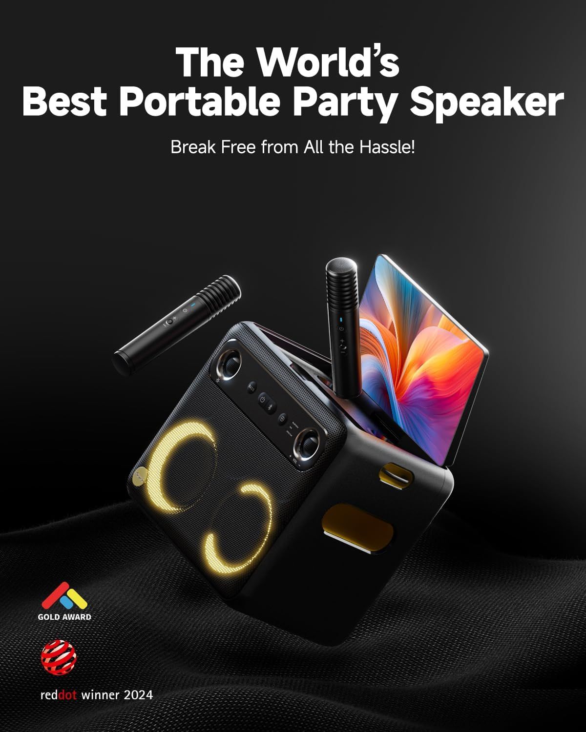 Emphasizes brand credibility and superiority by claiming the product is the world's best portable party speaker and showcasing prestigious awards (Gold Award and Red Dot Winner 2024).