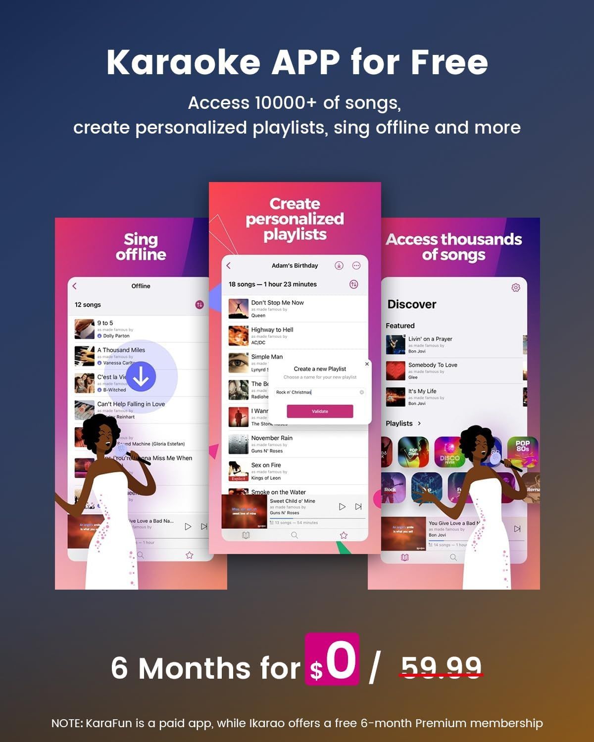 Showcases three key features of the karaoke app to demonstrate its versatility and value, including offline access, playlist customization, and access to thousands of songs.