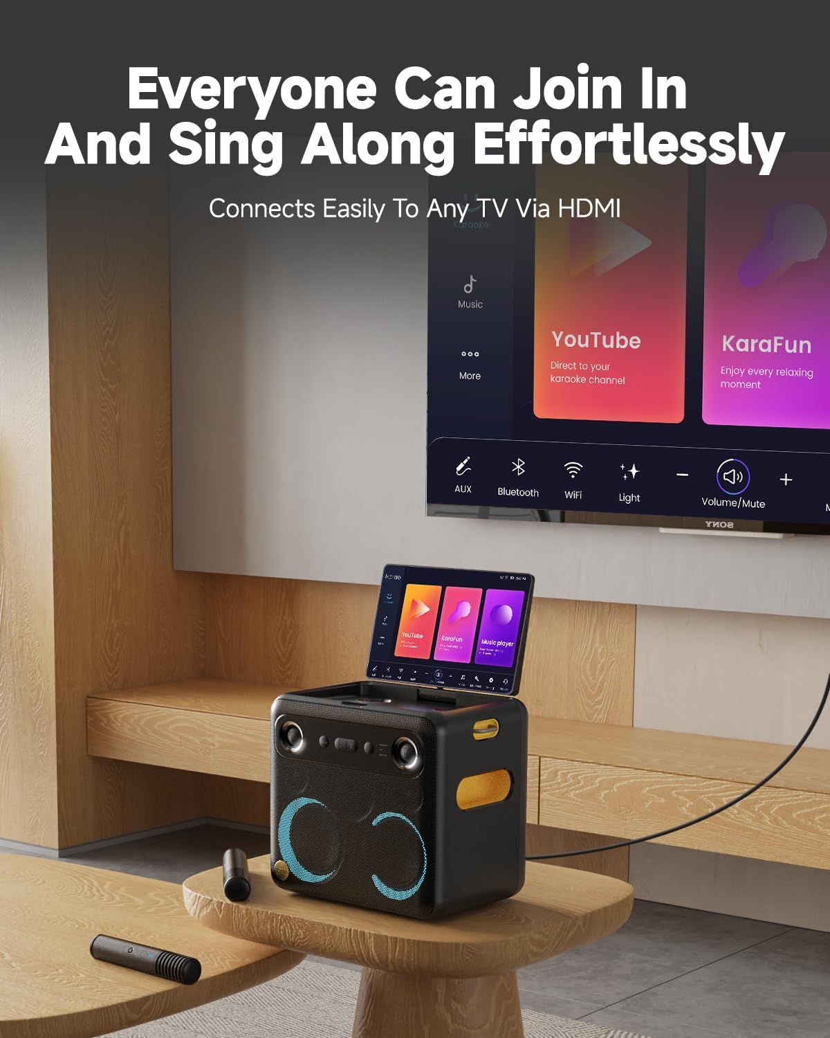 Demonstrates the product's use case as a karaoke system that connects to TVs via HDMI, enabling group sing-along entertainment in a home setting.