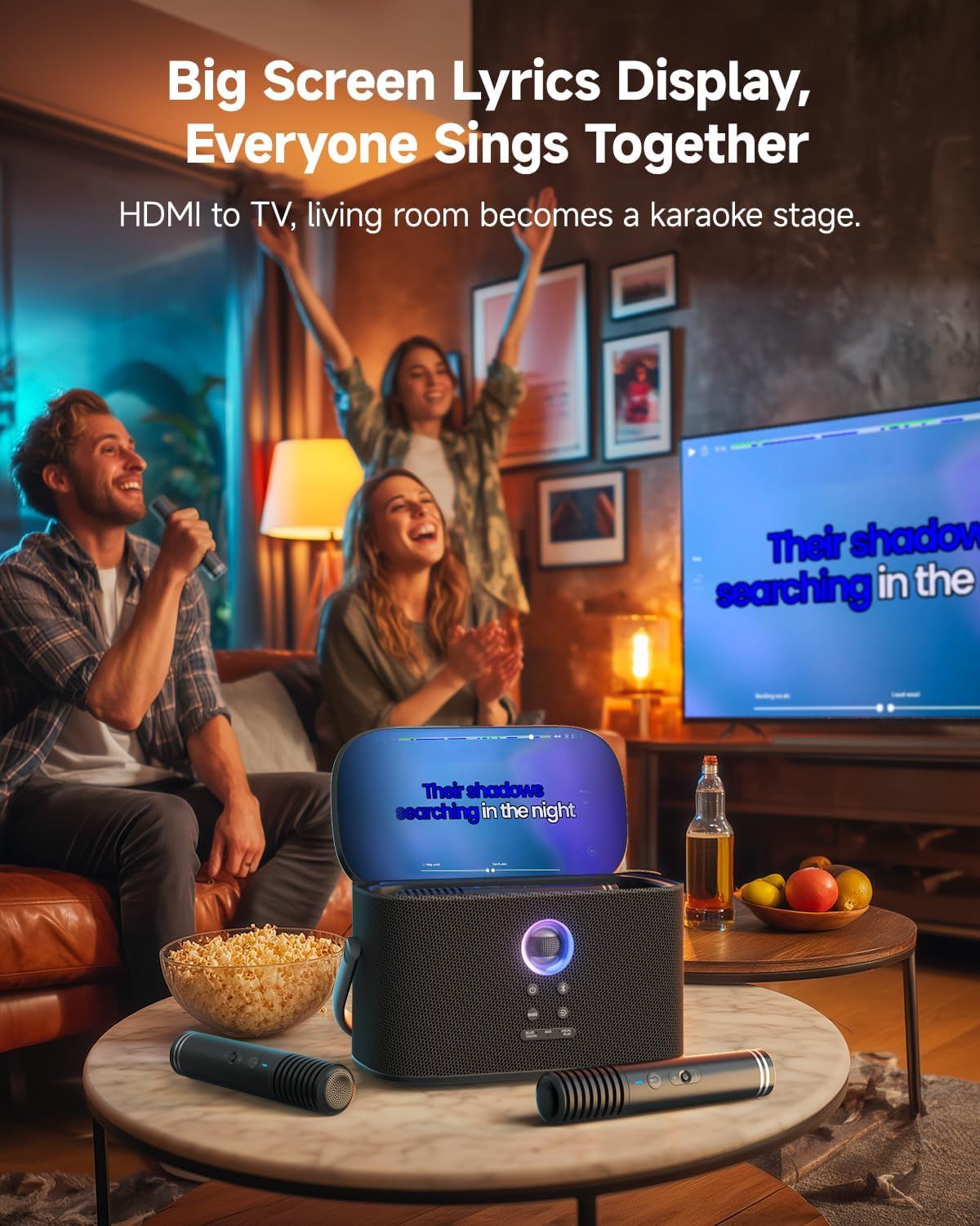 Communicates that the karaoke device can display lyrics on a TV screen via HDMI, transforming the living room into a karaoke stage for group entertainment.