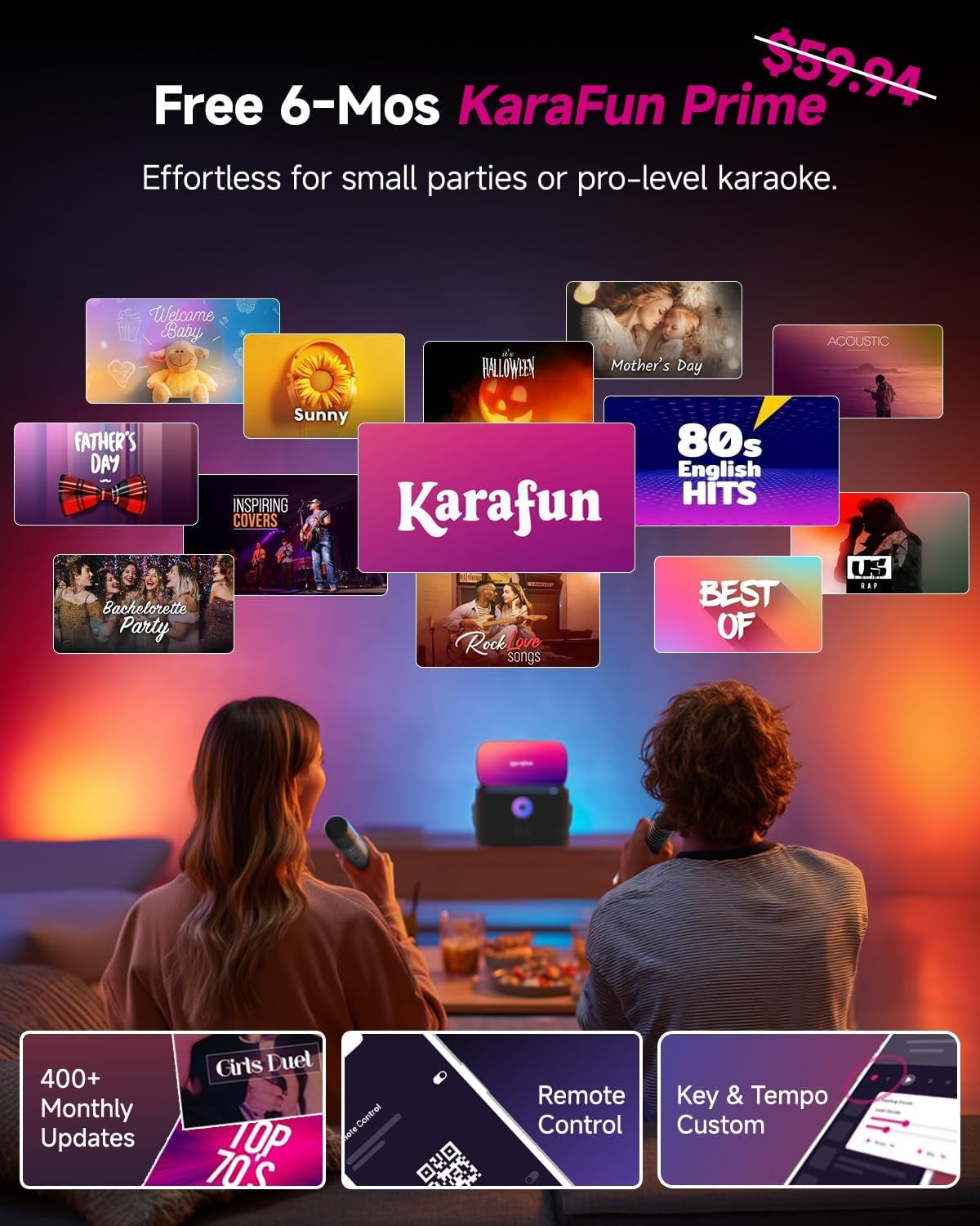 Showcases multiple features and benefits of the KaraFun Prime service including free subscription offer, content library updates, remote control functionality, and customization options to…