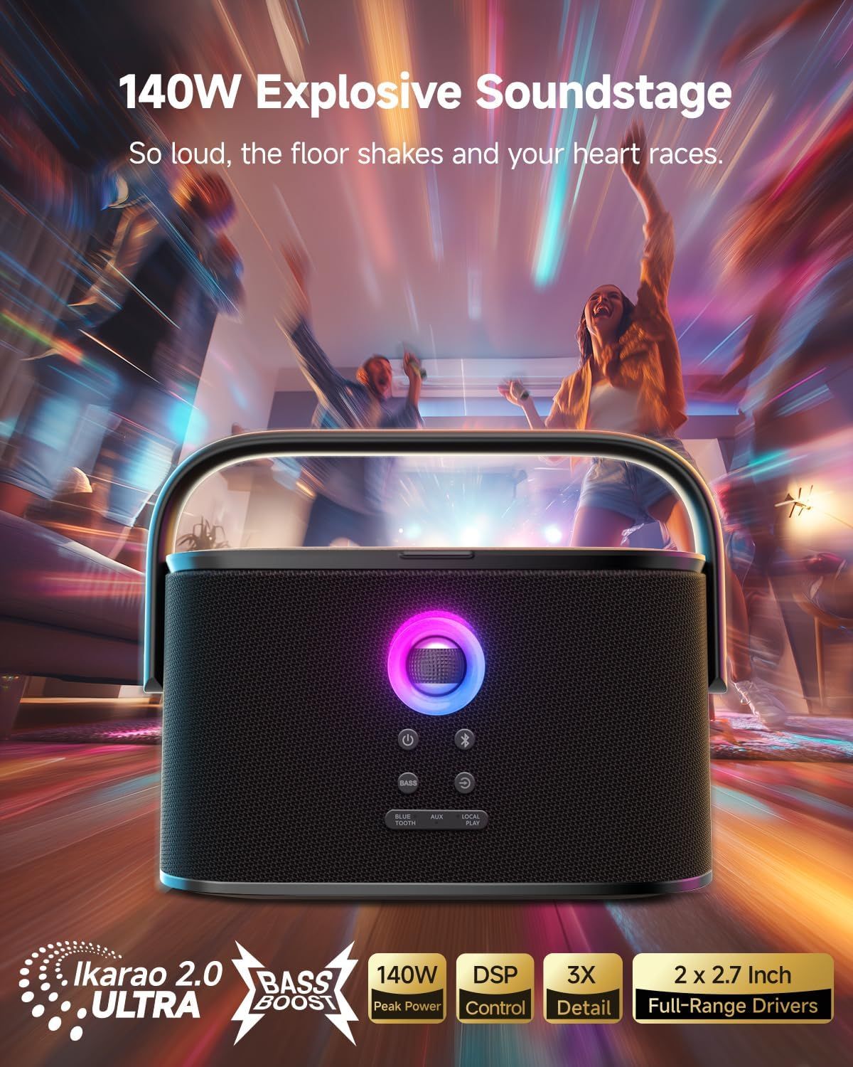 Showcases multiple audio features and technical specifications of the speaker to communicate its powerful sound quality, advanced audio processing, and driver capabilities to shoppers looking for…