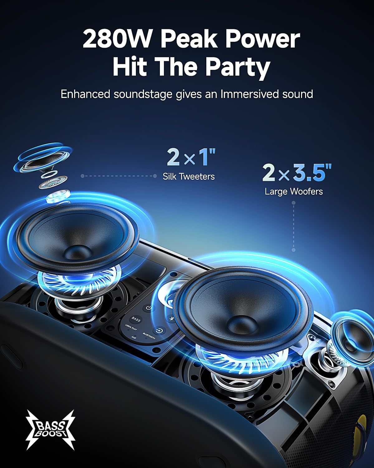 Breaks down the internal speaker system to show the customer the quality and configuration of audio drivers, highlighting the 280W peak power, silk tweeters, and large woofers for immersive sound.…