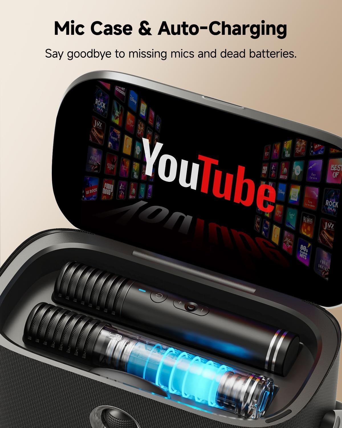 Communicates that the product includes a charging case that automatically charges the microphones, solving the pain point of missing mics and dead batteries.