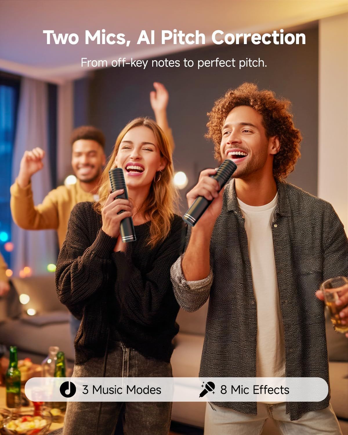 Communicates multiple key features of the karaoke microphone system including dual mics, AI pitch correction technology, music modes, and mic effects to show versatility and advanced functionality.