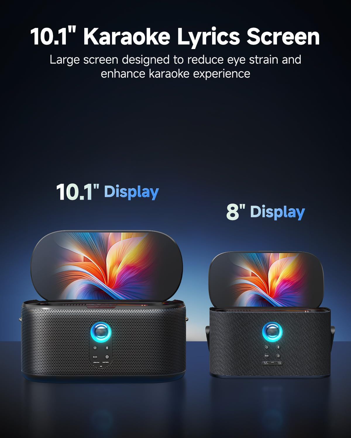 Highlights the large 10.1 inch screen size designed to reduce eye strain and enhance the karaoke experience, showing a size comparison with an 8 inch display.