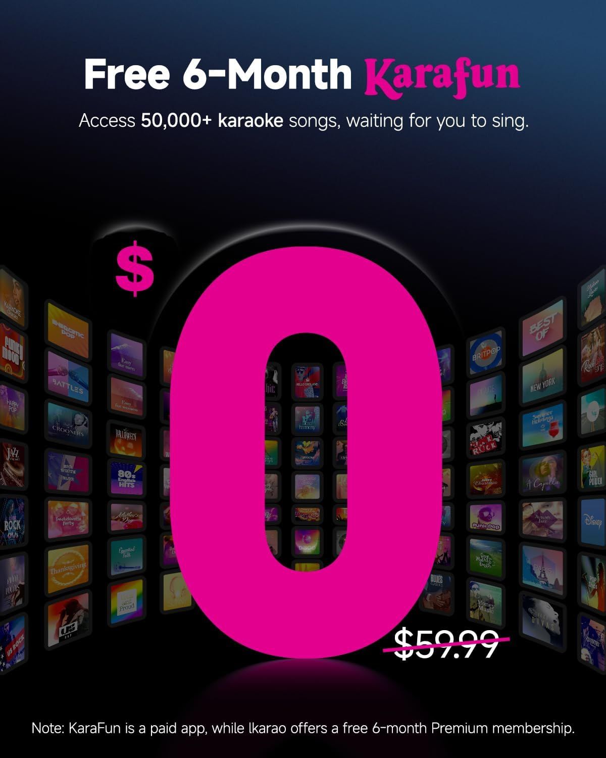 Communicates the quantifiable value of the offer by highlighting free 6-month access and the large library of 50,000+ karaoke songs to entice shoppers with a compelling promotional benefit.