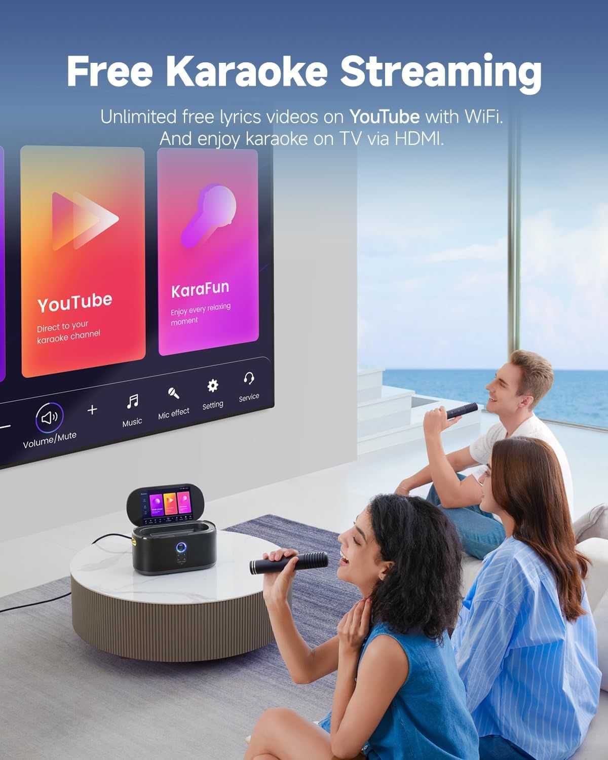 Communicates that the product offers unlimited free karaoke streaming via YouTube and WiFi connectivity with TV display capability, emphasizing the entertainment value and ease of use.