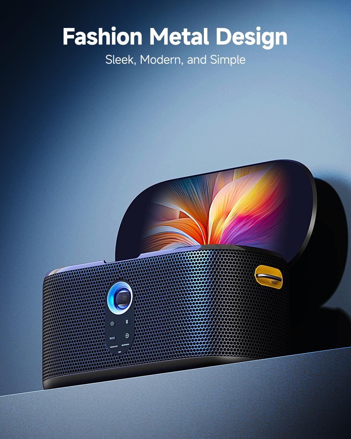Highlights the sleek, modern, and simple metal design aesthetic of the speaker to appeal to shoppers looking for stylish electronics.