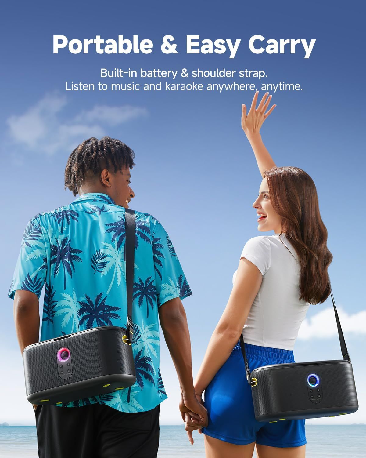 Communicates the portability and convenience of the speaker with built-in battery and shoulder strap, emphasizing that users can enjoy music and karaoke anywhere.