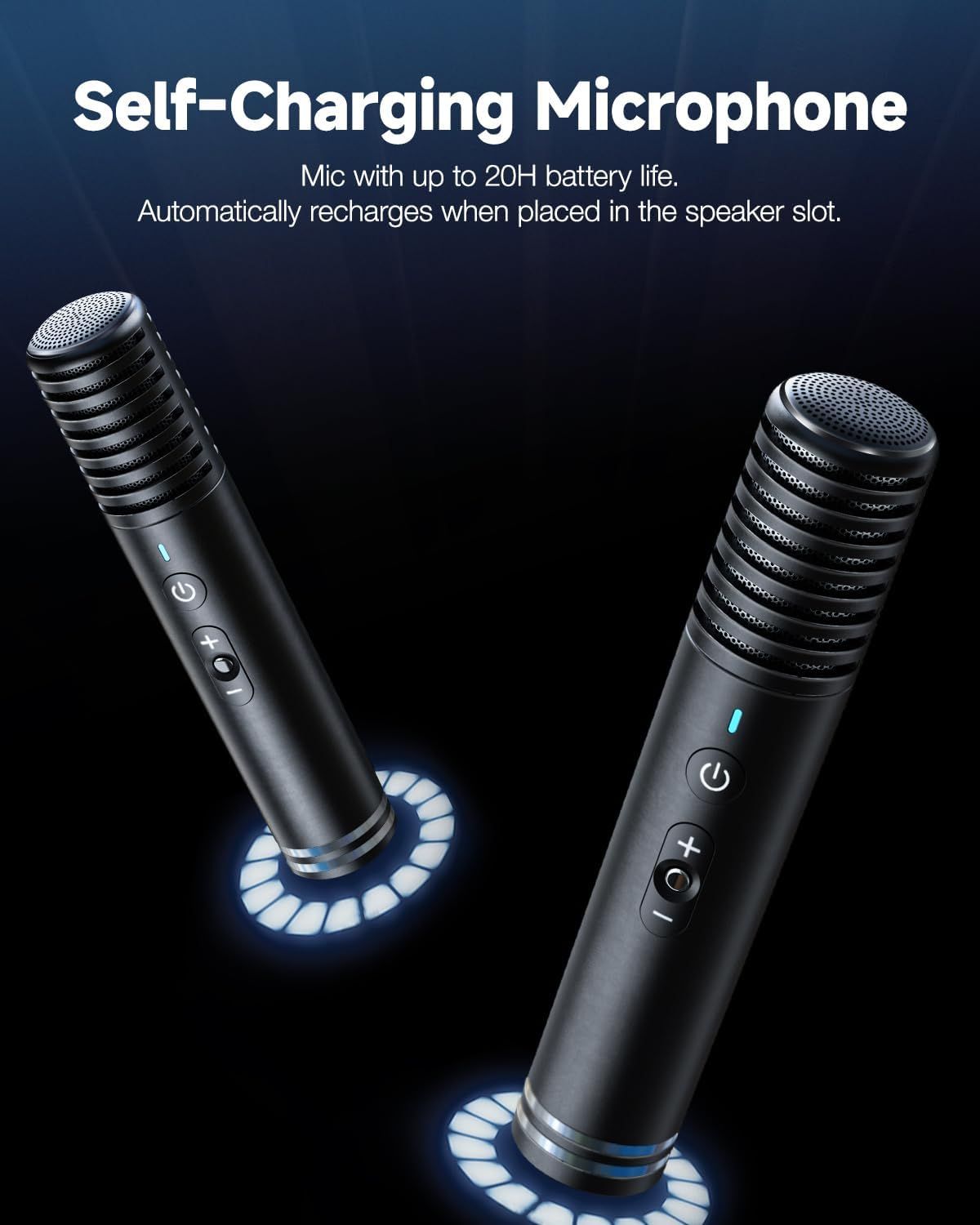 Communicates the microphone's self-charging capability and long battery life to reassure shoppers about convenience and minimal maintenance.