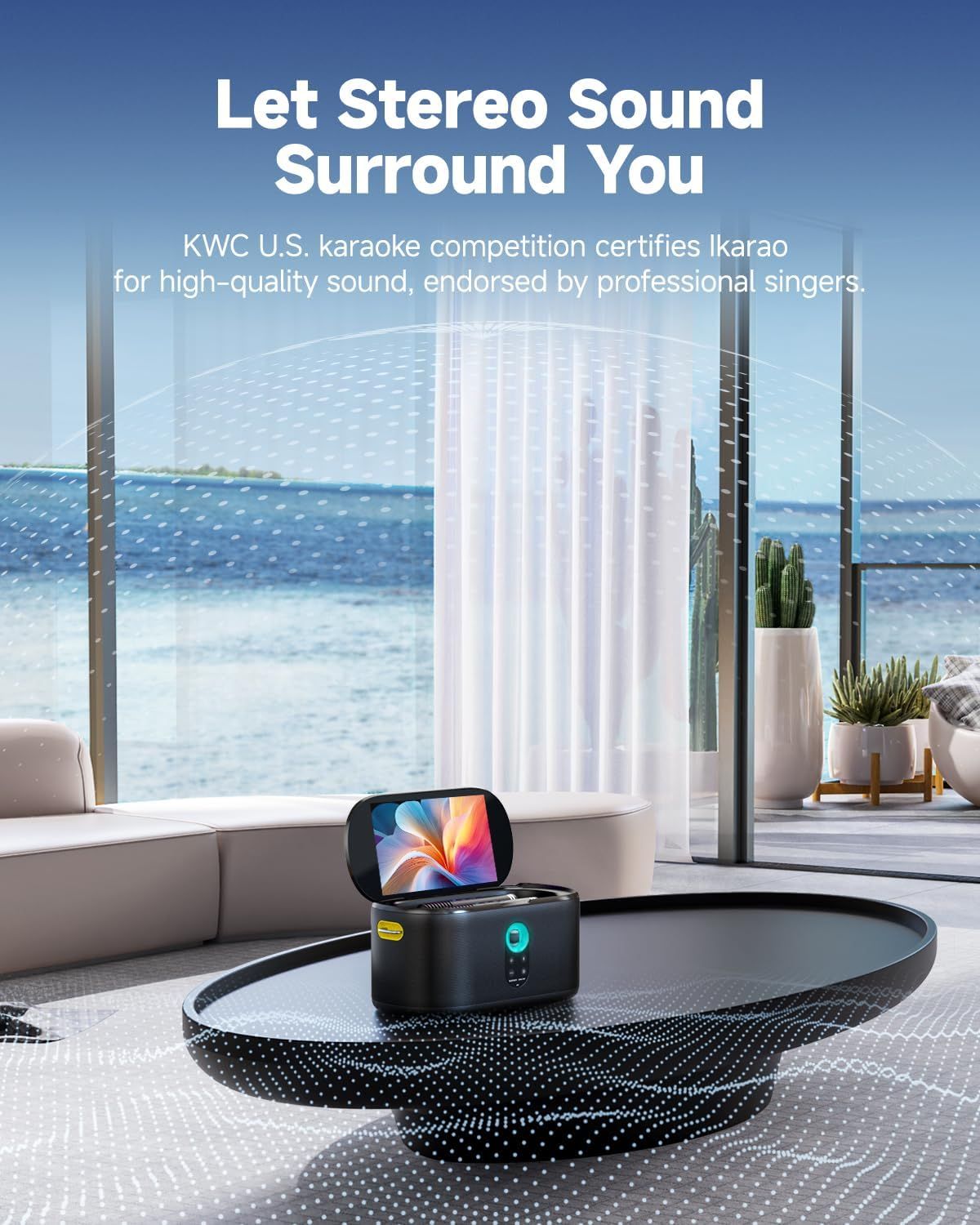 Communicates the high-quality stereo sound capability of the karaoke device, certified by professional competition standards to reassure shoppers of premium audio performance.