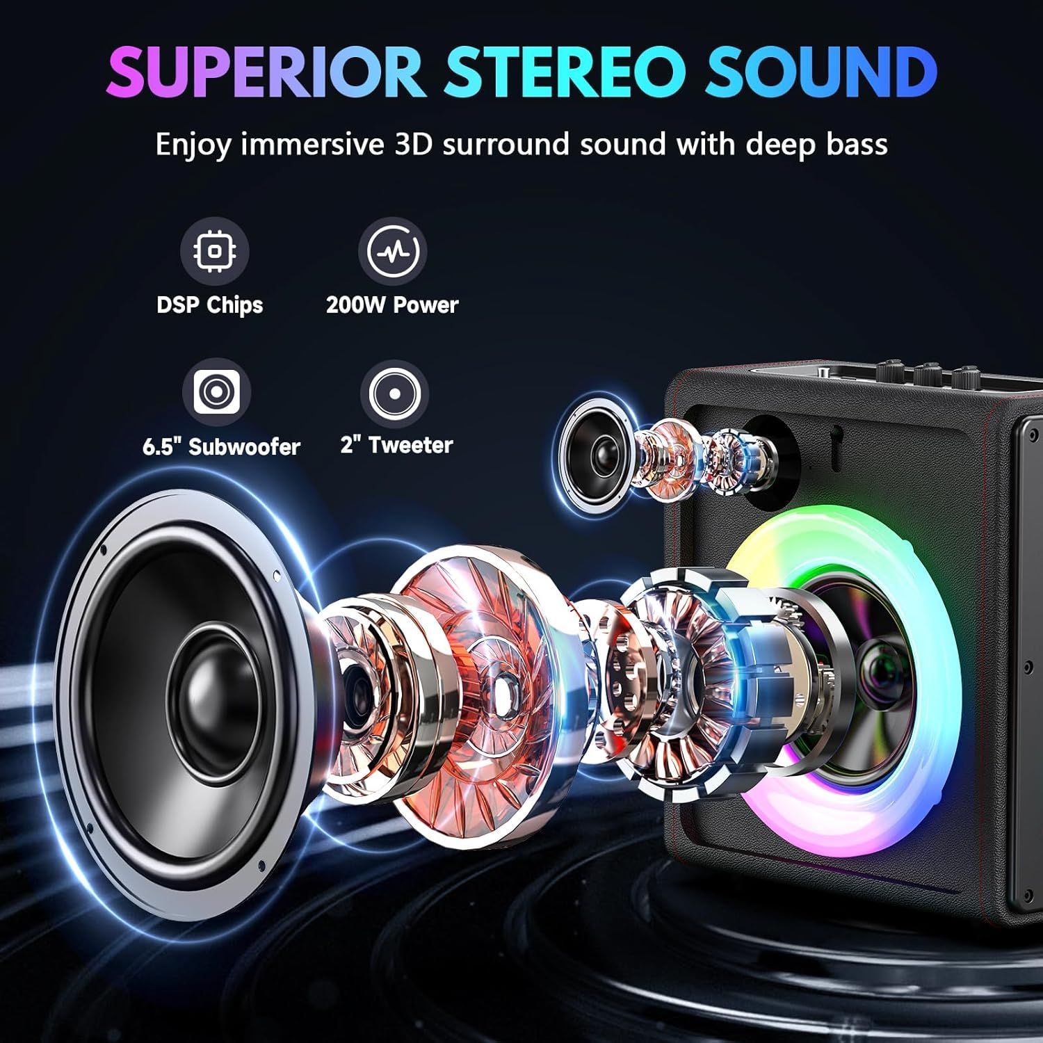 Showcases multiple audio features and technical specifications of the speaker to demonstrate superior sound quality and power capabilities.