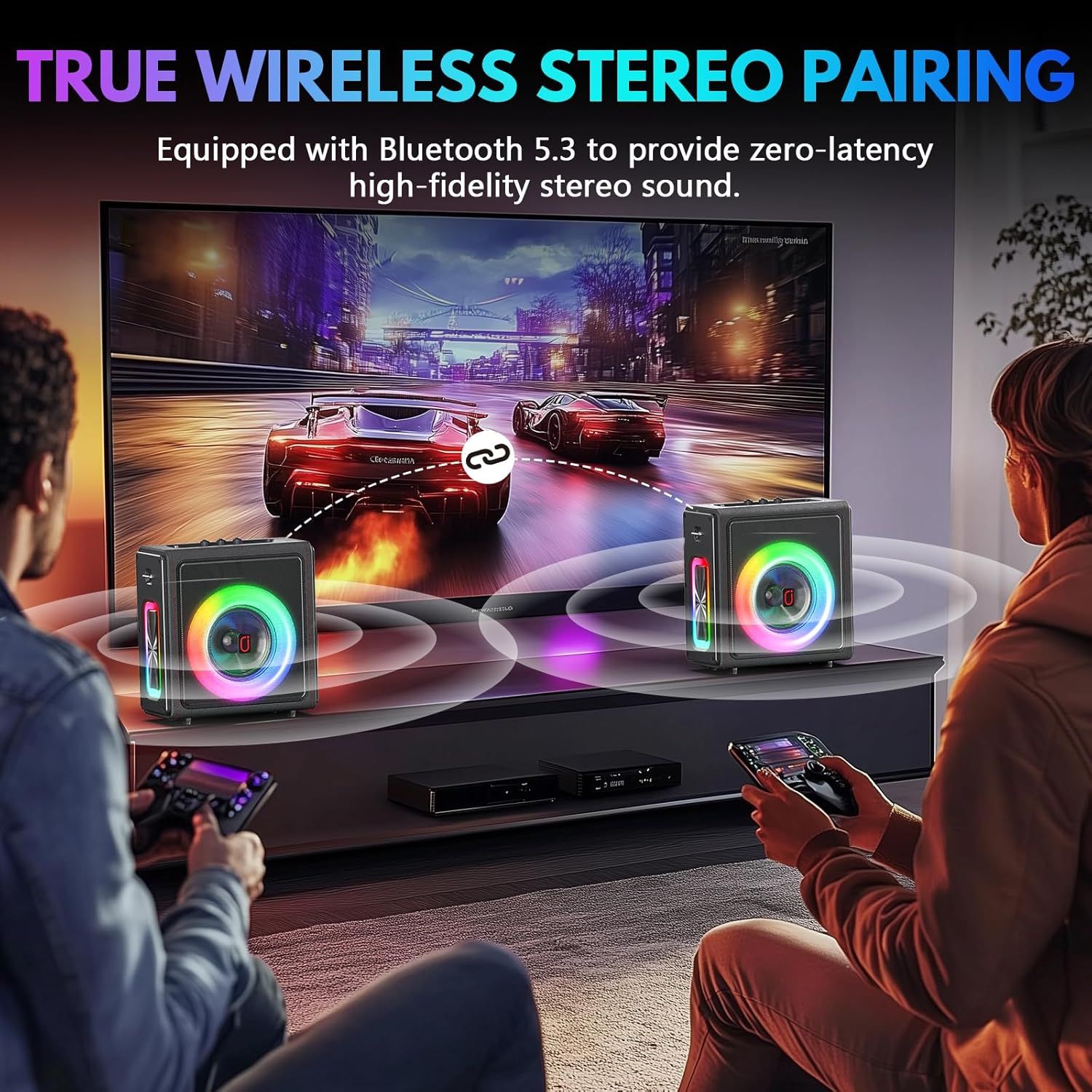 Communicates the wireless stereo pairing capability with Bluetooth 5.3 technology to reassure gamers that they will experience high-fidelity, synchronized sound with zero latency.