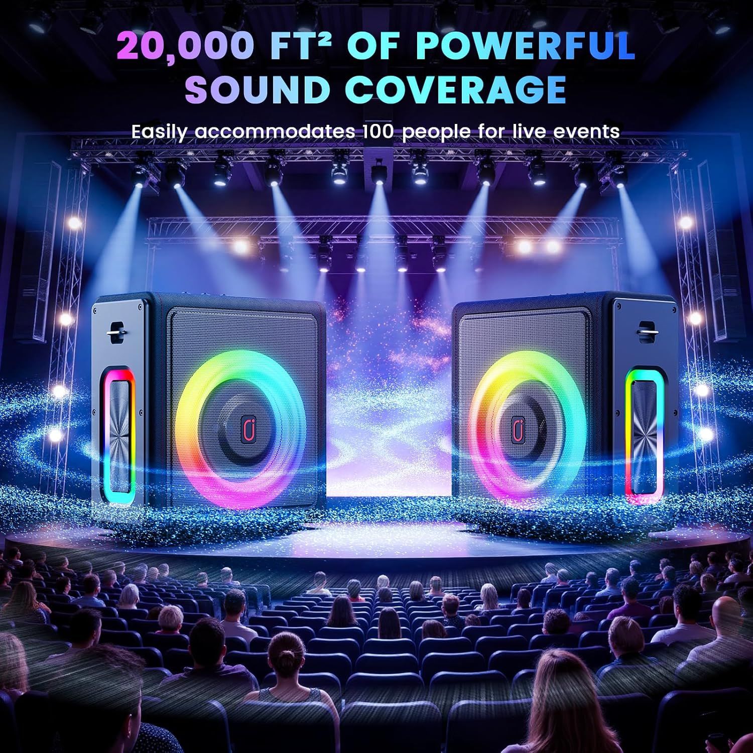 Communicates the powerful sound coverage area of 20,000 square feet and the capacity to accommodate 100 people for live events, helping shoppers understand the scale and performance capability of…