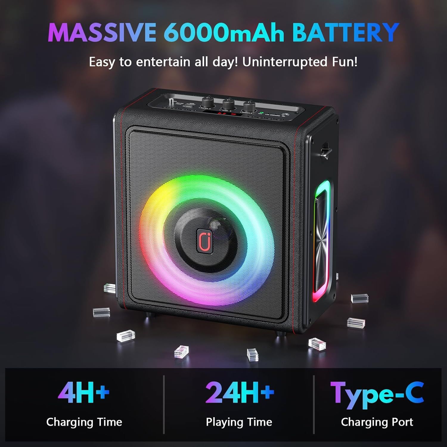 Communicates quantifiable battery performance metrics to reassure shoppers about long-lasting entertainment and fast charging capabilities.