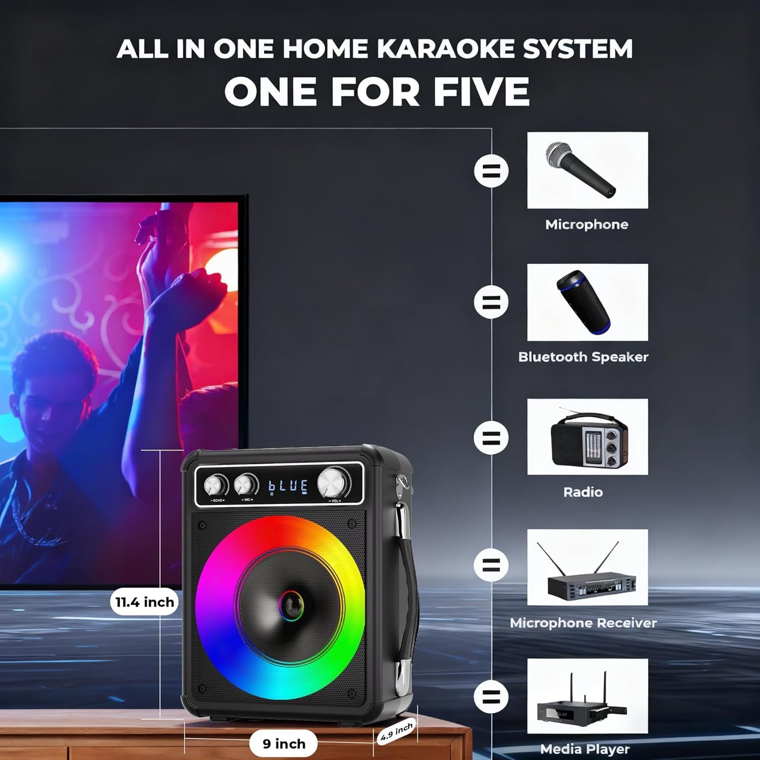 Shows all the components included in the all-in-one karaoke system package, demonstrating that one purchase provides five essential items: microphone, Bluetooth speaker, radio, microphone receiver,…