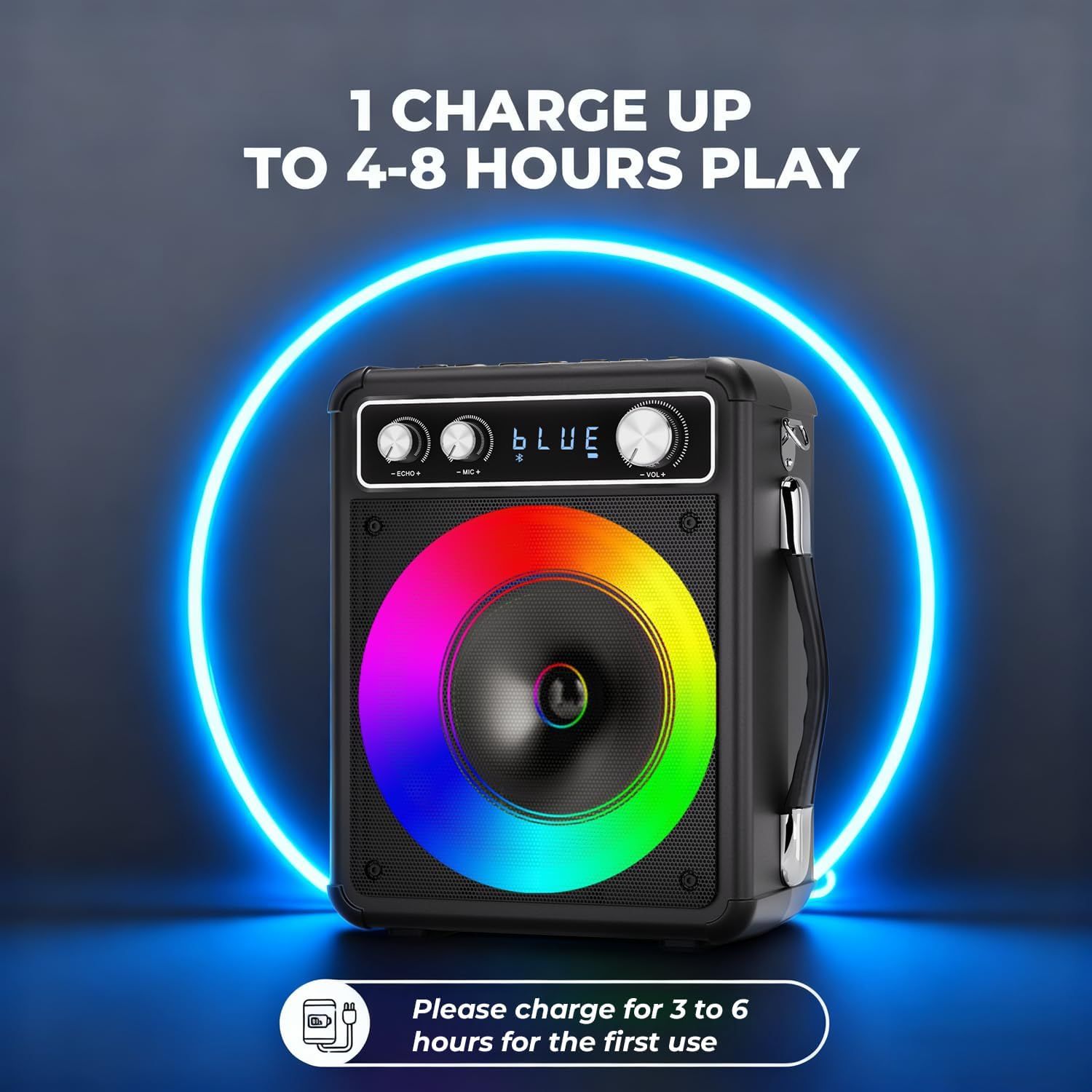 Communicates that one charge provides 4-8 hours of playtime, reassuring shoppers about the product's battery performance and reducing concerns about frequent recharging.