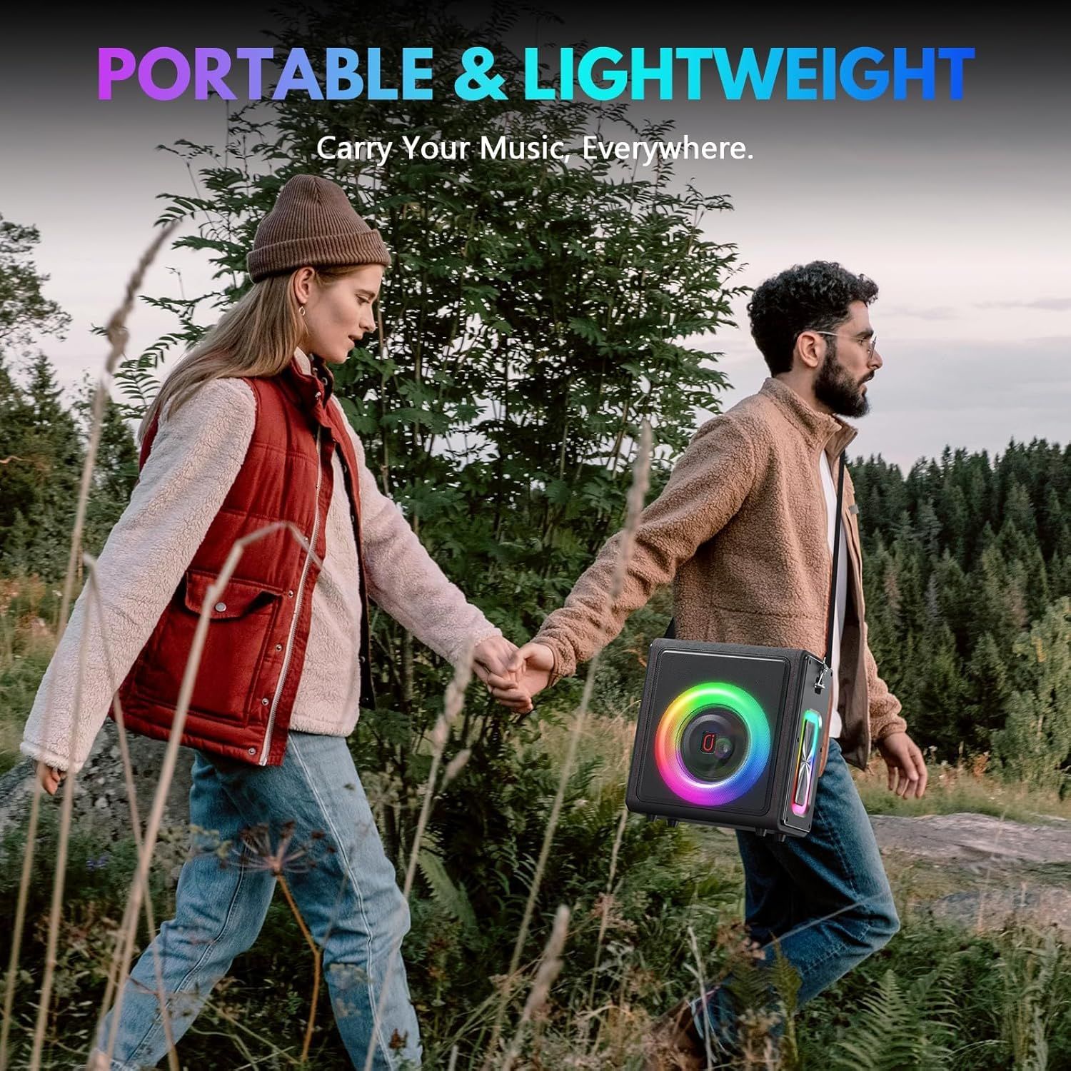 Communicates that the speaker is easy to carry anywhere, making it ideal for outdoor activities and travel.