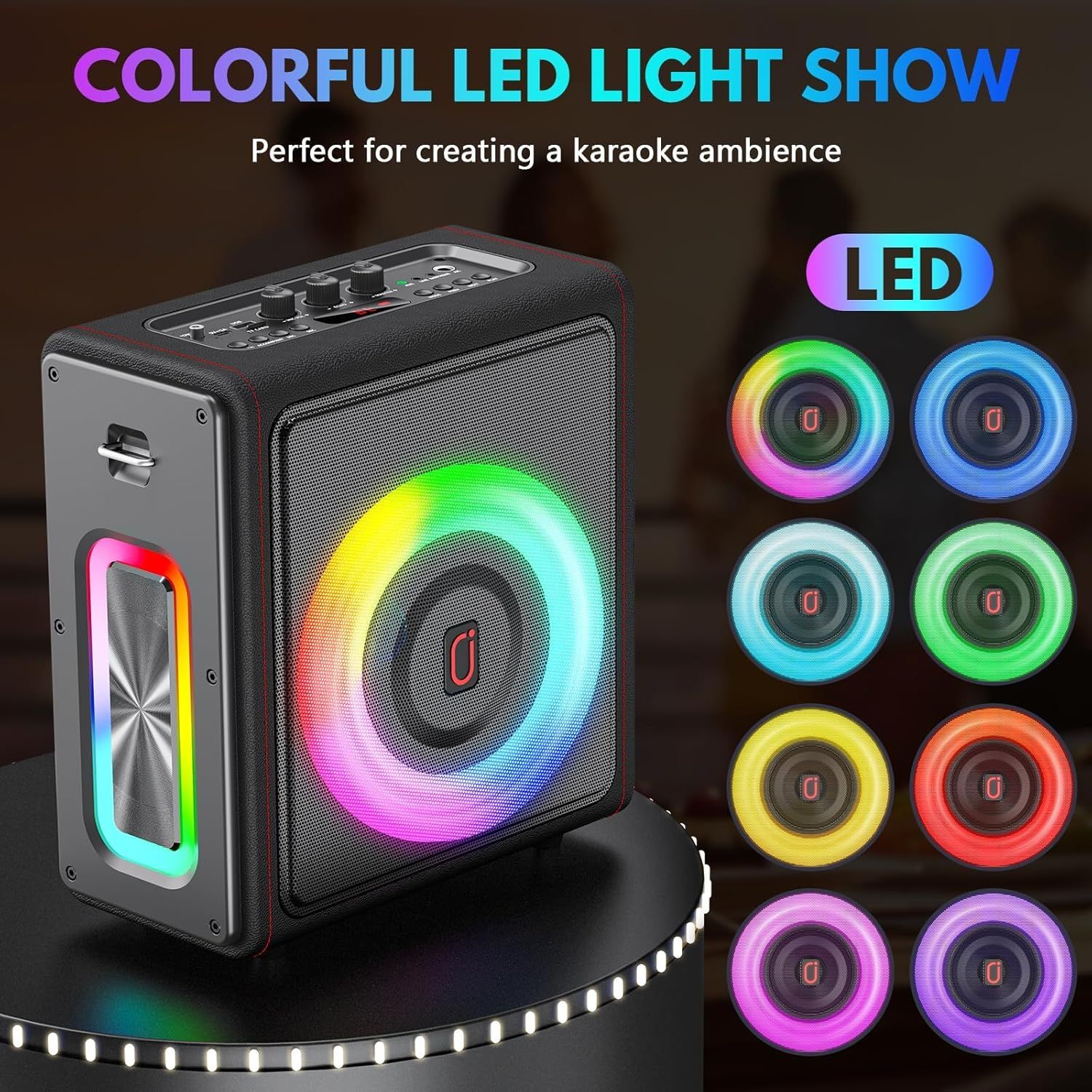 Highlights the product's colorful LED lighting feature and its ability to create a karaoke ambience, showing the variety of color options available.
