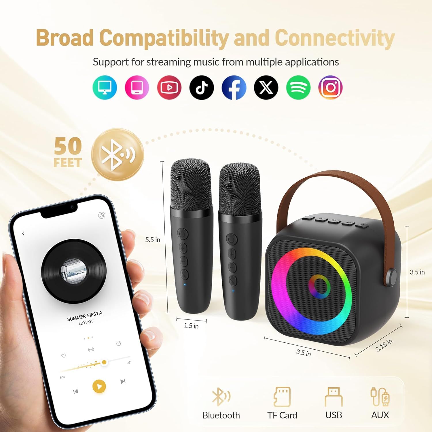 Demonstrates the product's broad compatibility with streaming apps and connectivity options including Bluetooth, TF Card, USB, and AUX to reassure shoppers it works with their devices and preferred…