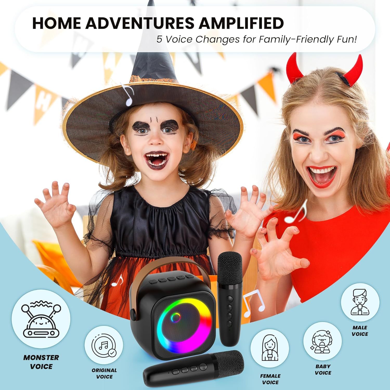 Highlights the voice-changing feature of the karaoke system to show families that the product offers fun and entertaining voice effects for all ages.