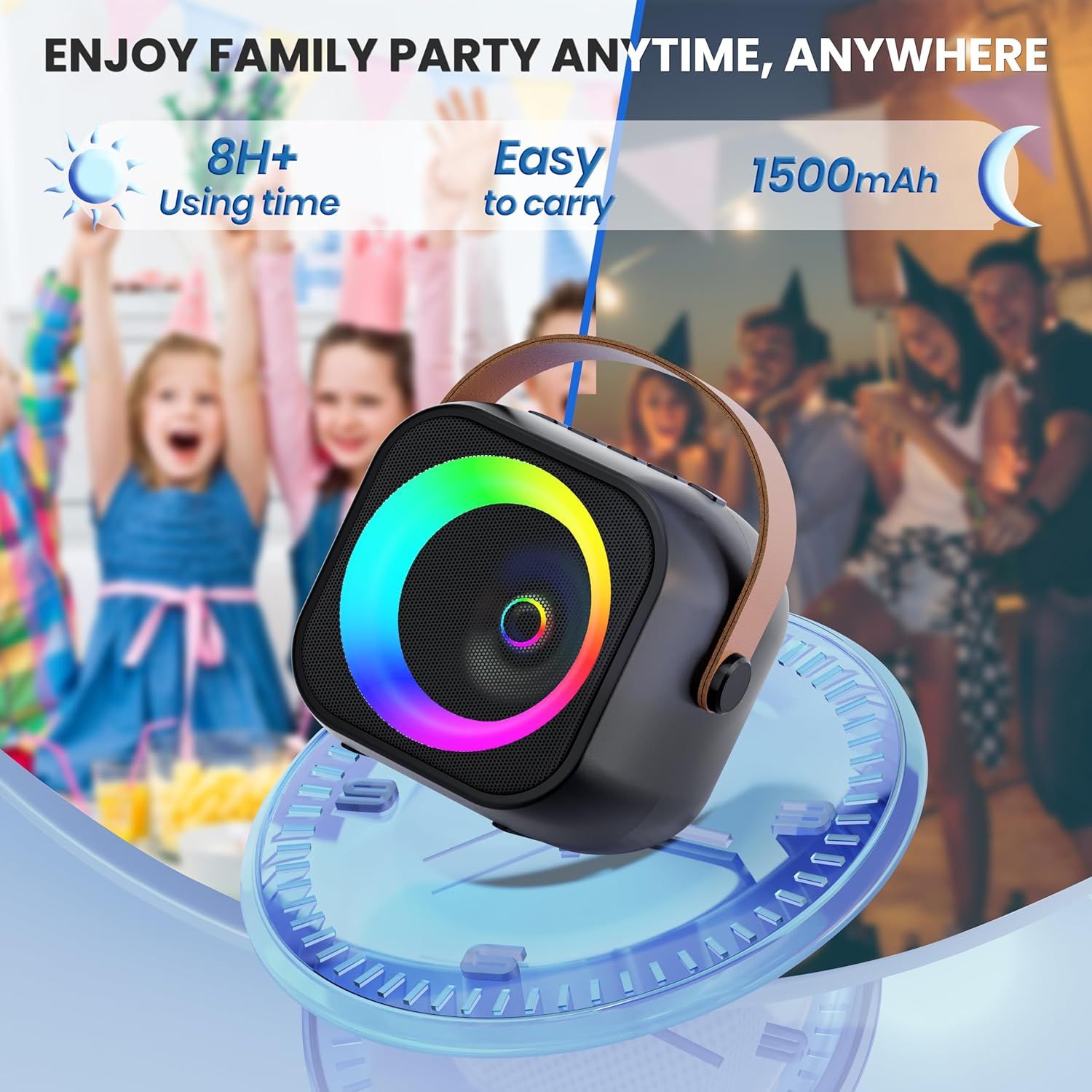Communicates multiple key benefits of the portable speaker including long battery life, portability, and battery capacity to show it is ideal for family gatherings and parties.