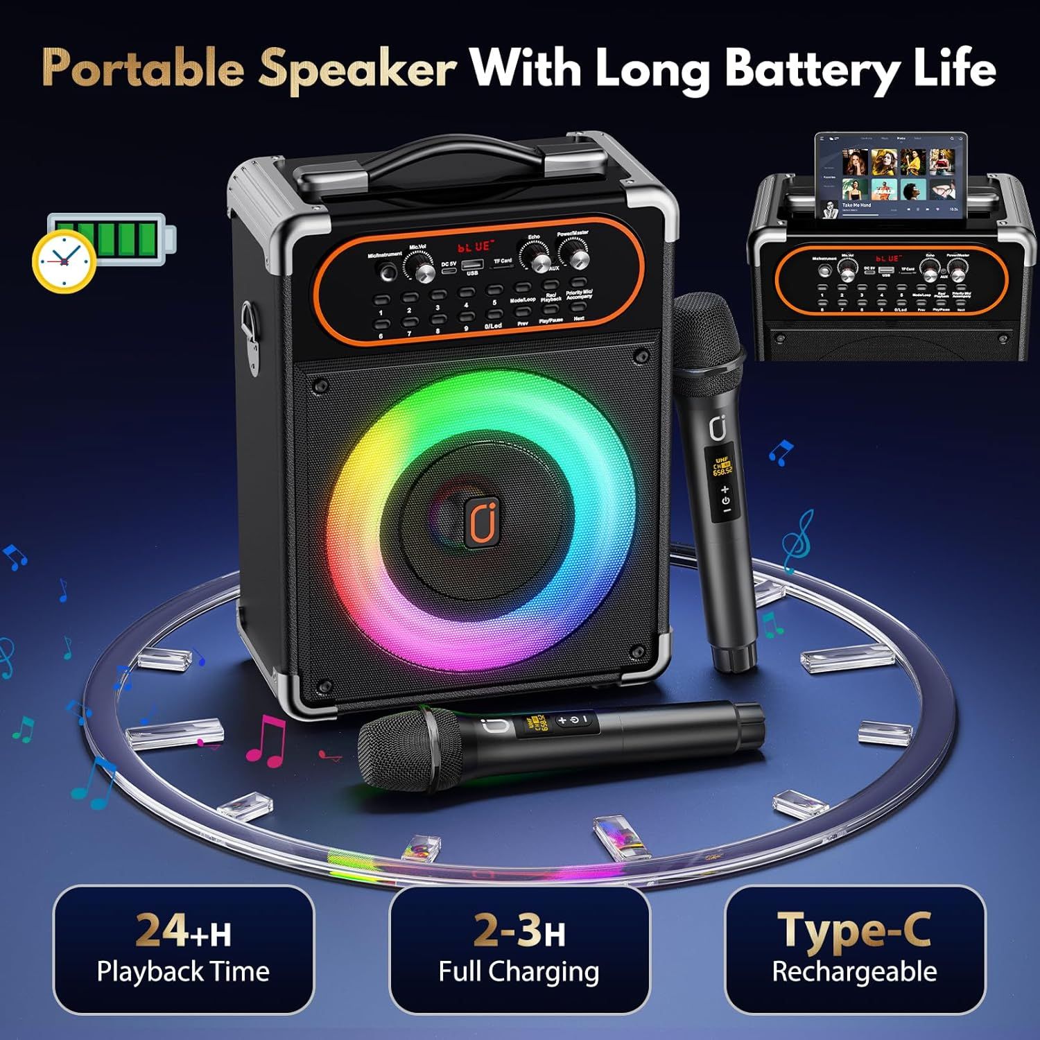 Communicates multiple key benefits of the portable speaker including 24+ hour playback time, 2-3 hour fast charging capability, and Type-C rechargeability to reassure shoppers about battery…