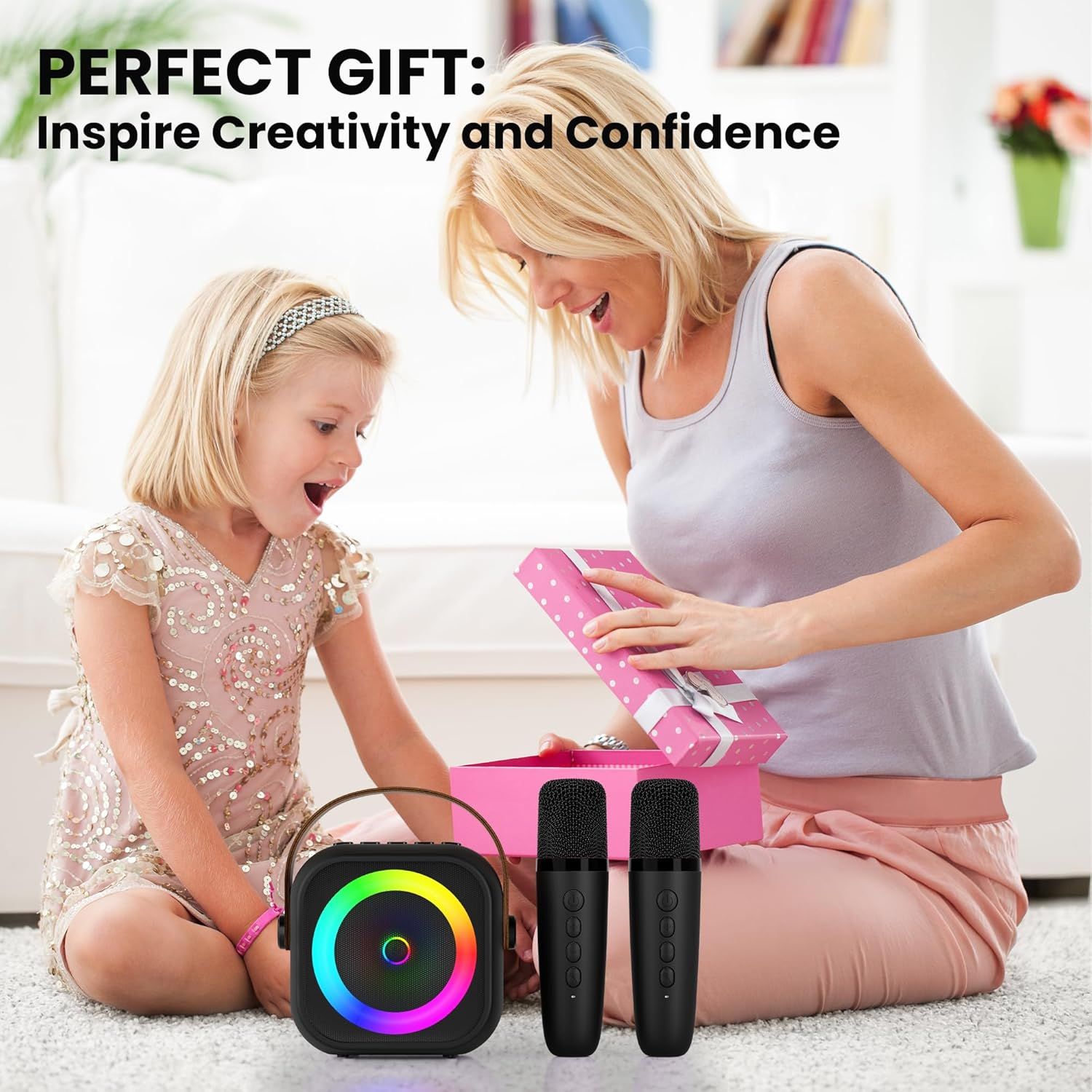 Demonstrates the product as a perfect gift that inspires creativity and confidence, showing its use case in family and child entertainment settings.