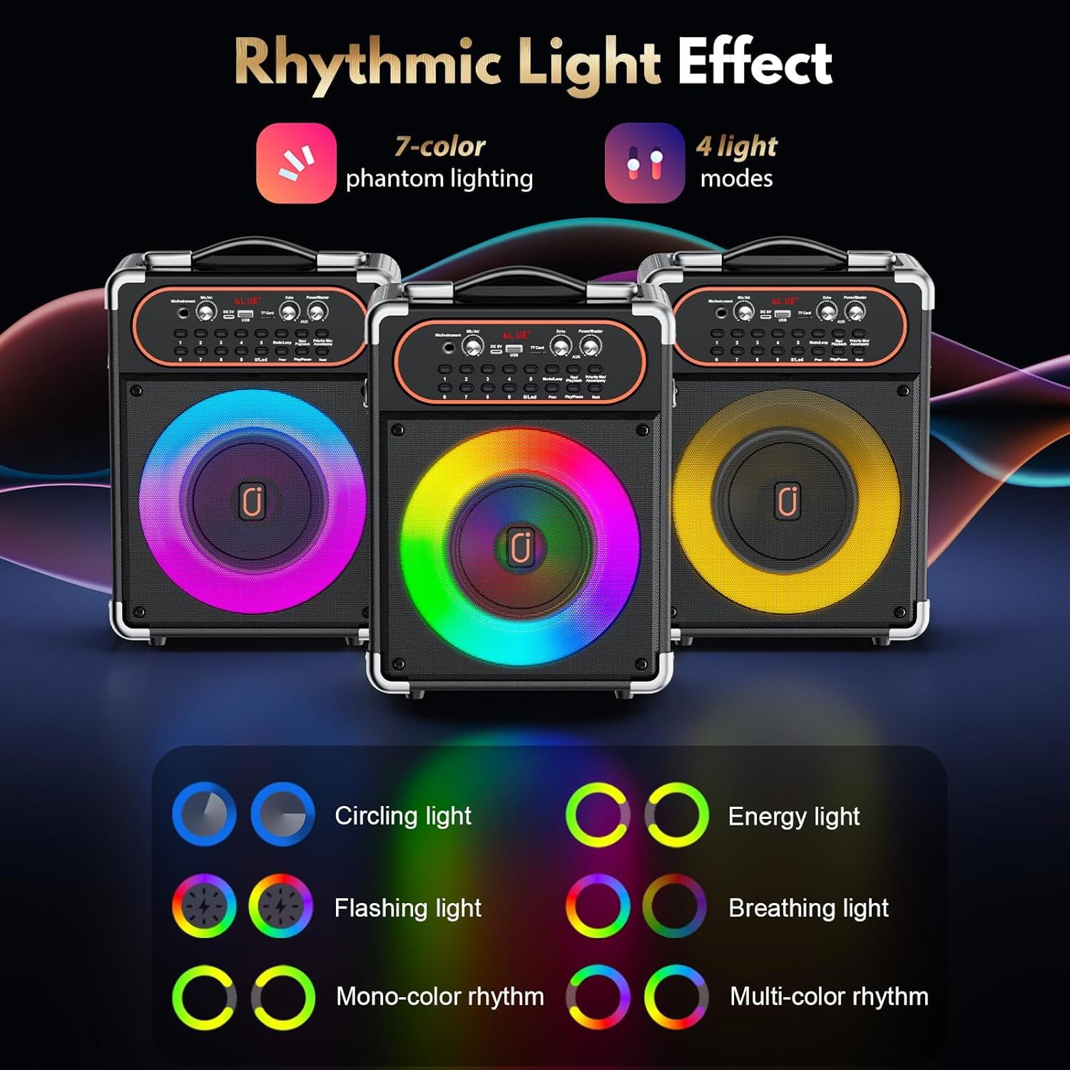 Highlights the speaker's customizable lighting feature with 7 colors and 4 light modes to show shoppers the visual entertainment value and ambiance options.