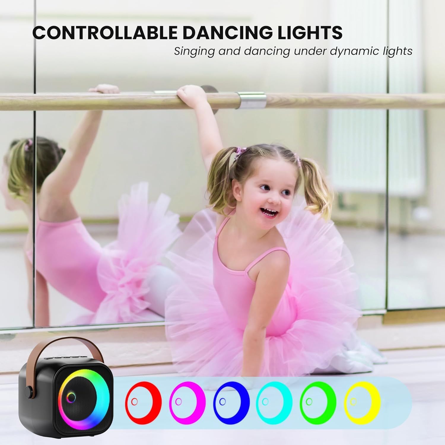 Communicates that the product features dynamic, controllable lighting that creates an engaging environment for singing and dancing activities.
