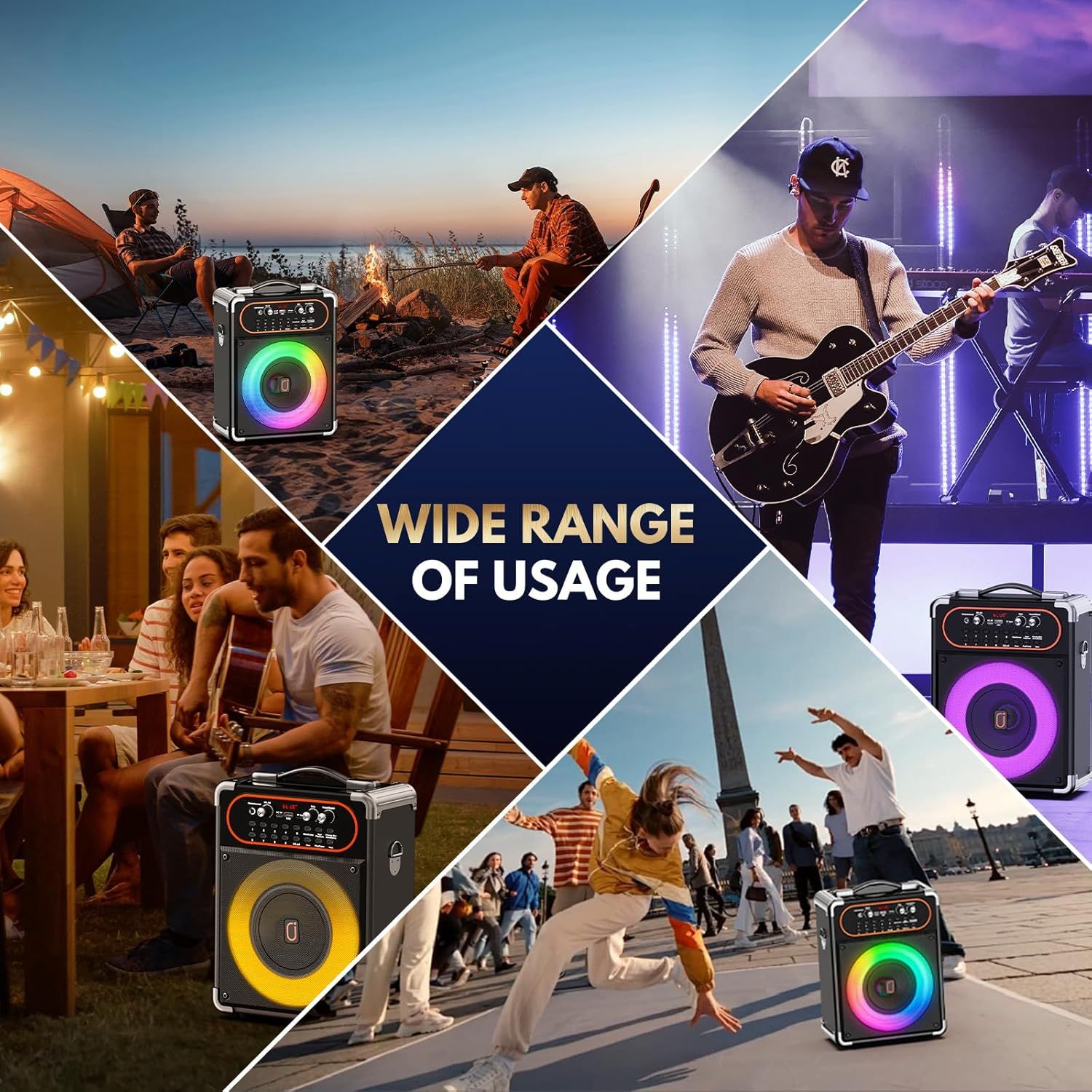 Demonstrates the portable speaker can be used in diverse settings including camping, outdoor gatherings, live performances, and street activities to showcase its versatility and wide range of…