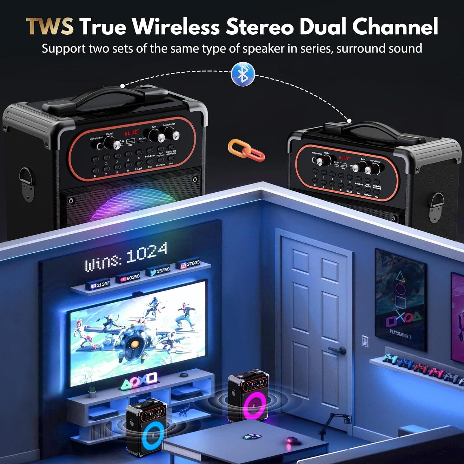 Communicates that the product supports wireless pairing of two speakers to create surround sound, demonstrating the dual channel connectivity feature for an enhanced audio experience.