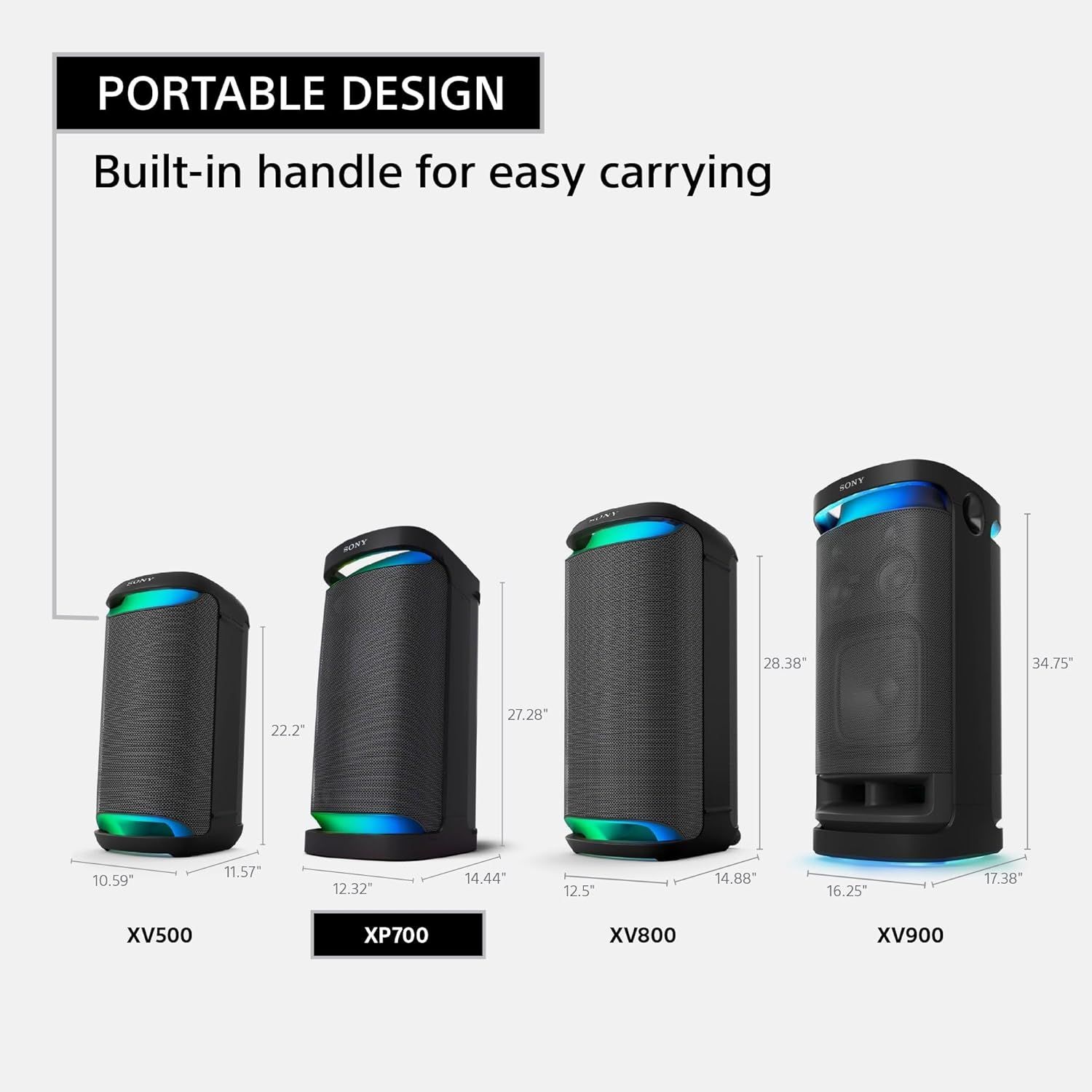 Shows the exact dimensions of four different speaker models to help shoppers understand the physical size differences and choose the right model for their space and portability needs. Emphasizes the…
