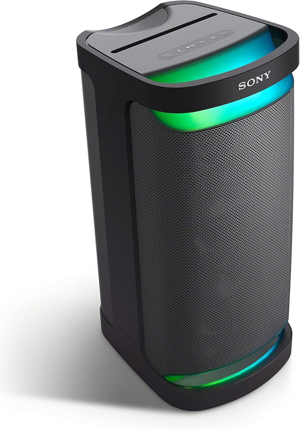 Showcases the speaker's colorful LED lighting feature to communicate its party-ready atmosphere and visual appeal.