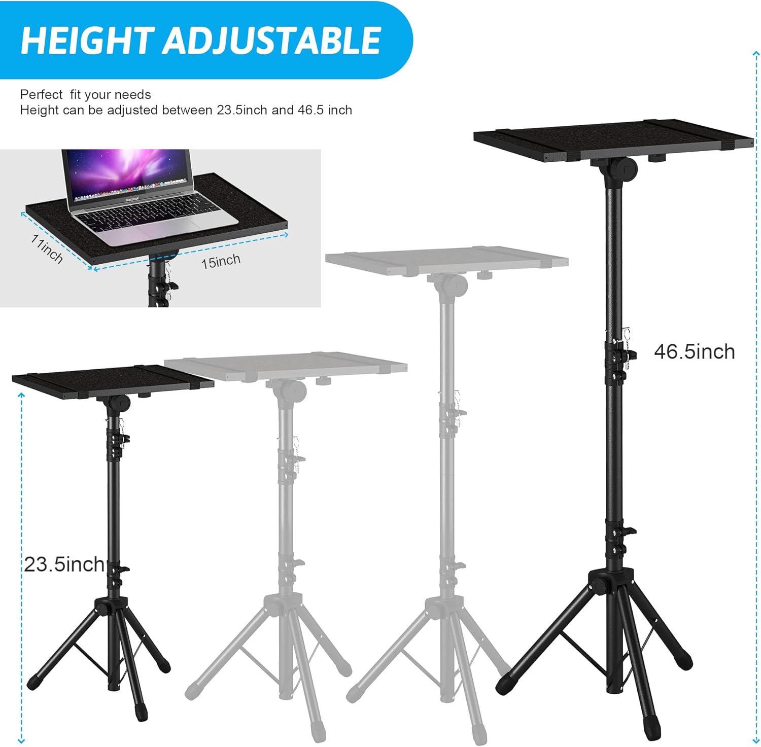 Communicates that the laptop stand can be adjusted between 23.5 and 46.5 inches to fit different user needs and preferences.