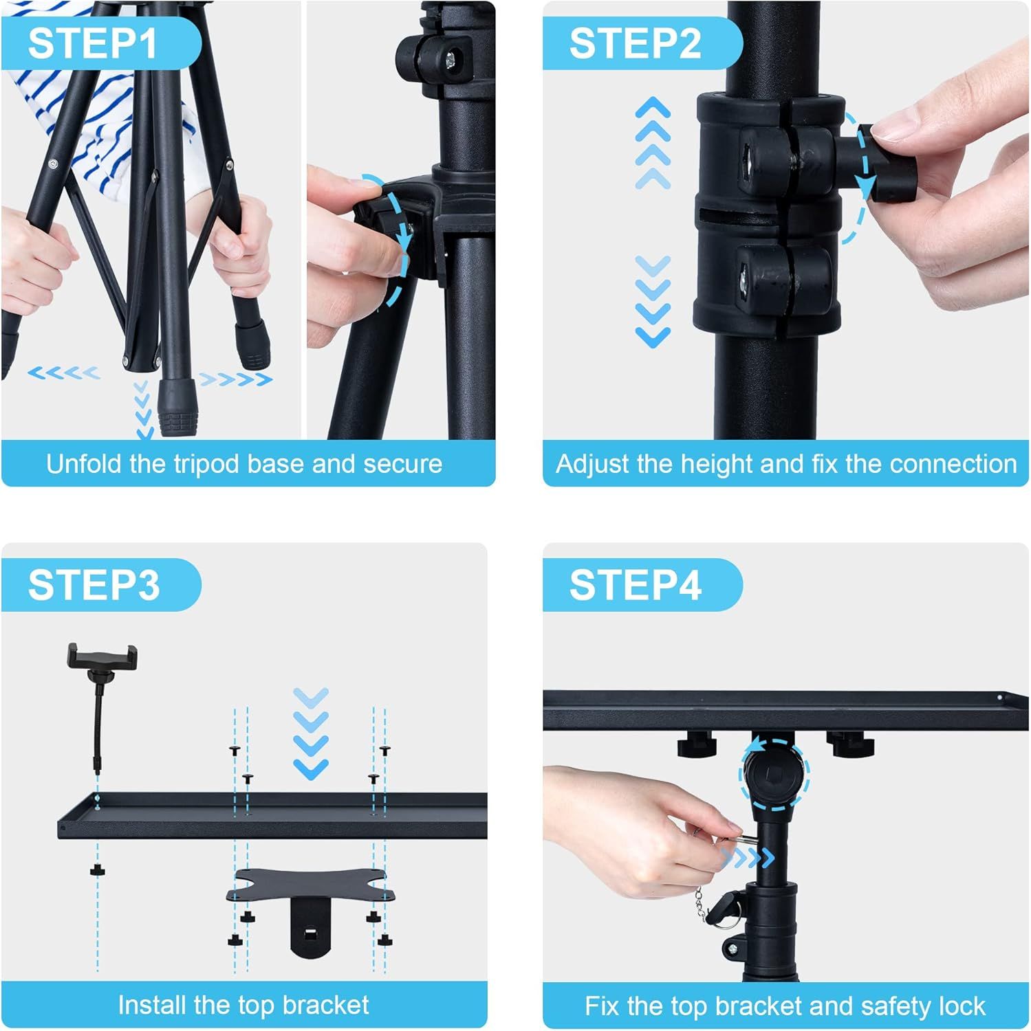 Provides step-by-step visual instructions for setting up and installing the tripod, helping customers understand how to unfold, adjust height, install brackets, and secure the product properly.